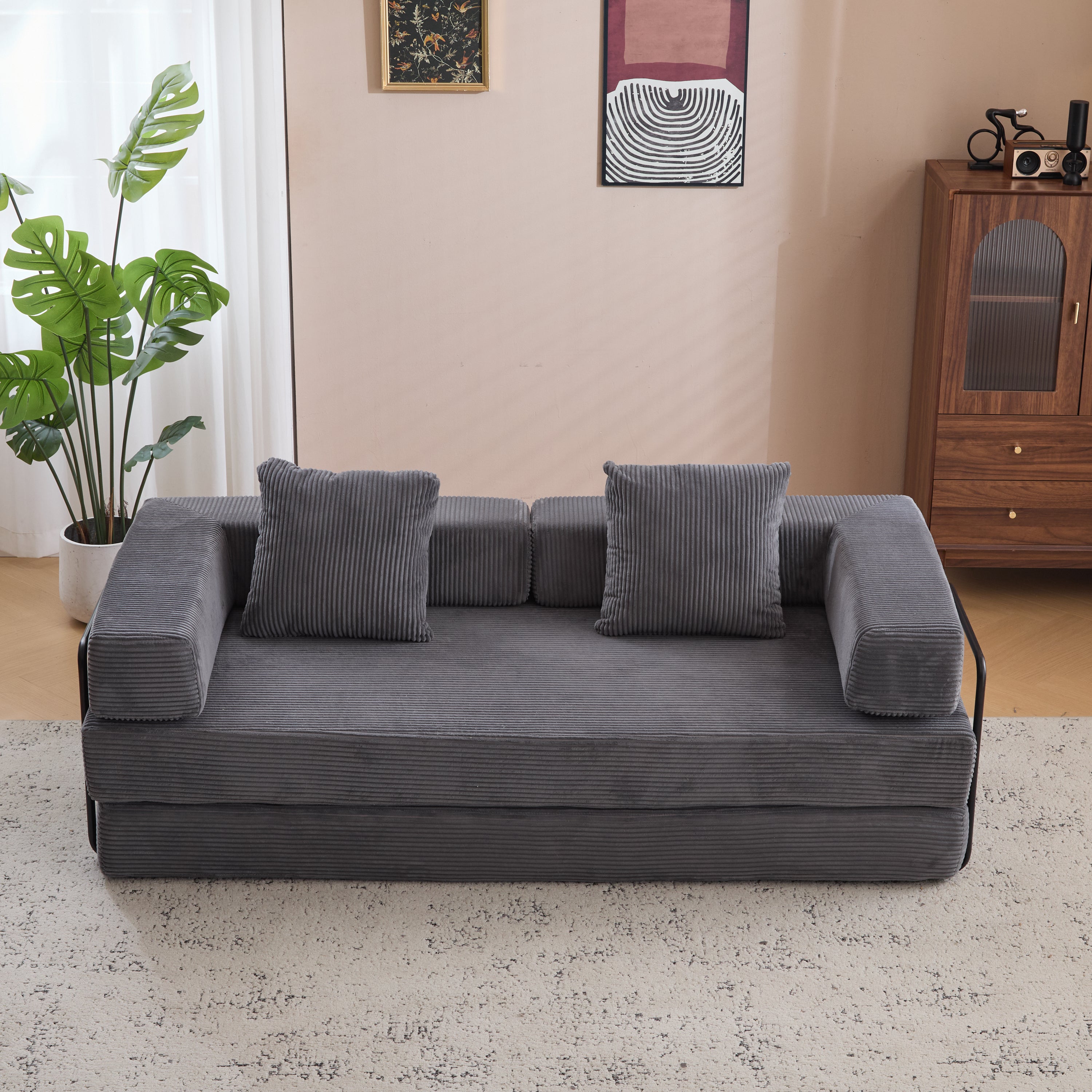 Floor Couch,Compression Sofa,Convertible Floor Sofa Bed-with Pillow Back Support Armrest,Comfy Futon Couch Lounge Sleeper Bed,Corduroy Fabric,for Living Room Bedroom (dark grey)
