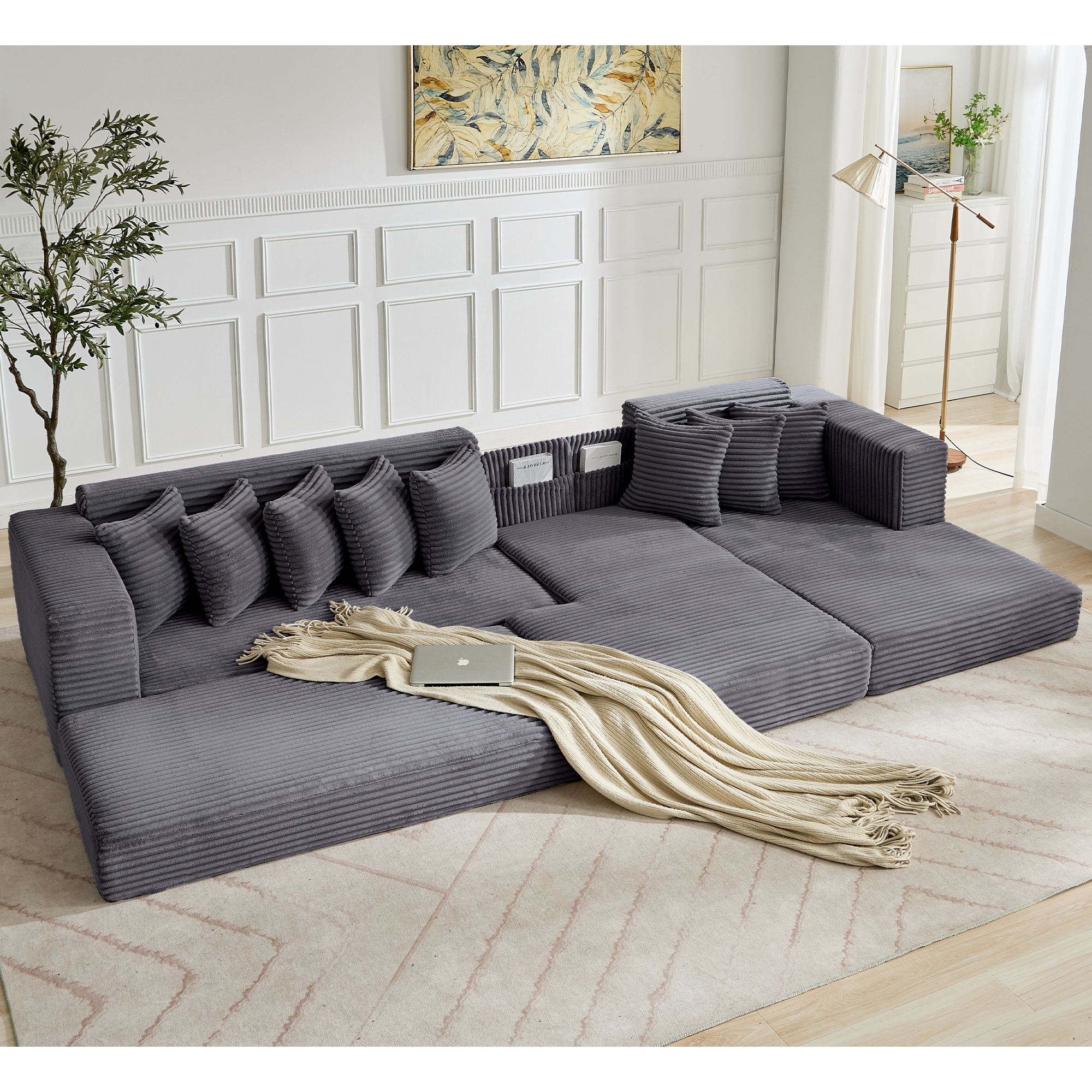 [NEW ARRIVED] [VIDEO PROVIDED] Oversize Cloud Couch, L-Shape Sofa, Convertible Floor Sleeper Sofa Bed, No Assembly ,Eight pillows,3-in-1,Magazine bag,(Right Facing Sofa),3 Seat,Corduroy,Dark Gray