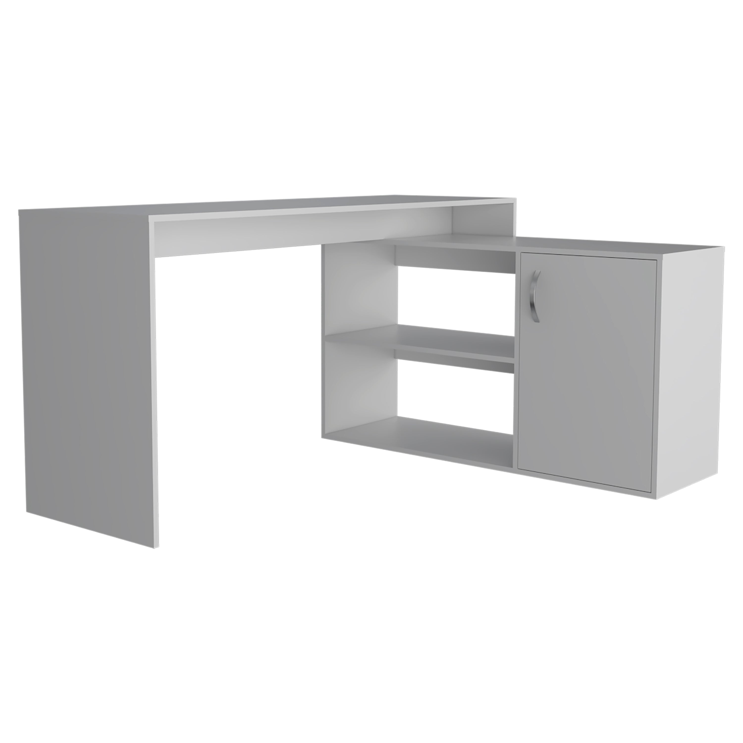 L-Shaped Desk, Single Door Cabinet, Two Open Shelves, Two Interior Shelves, White