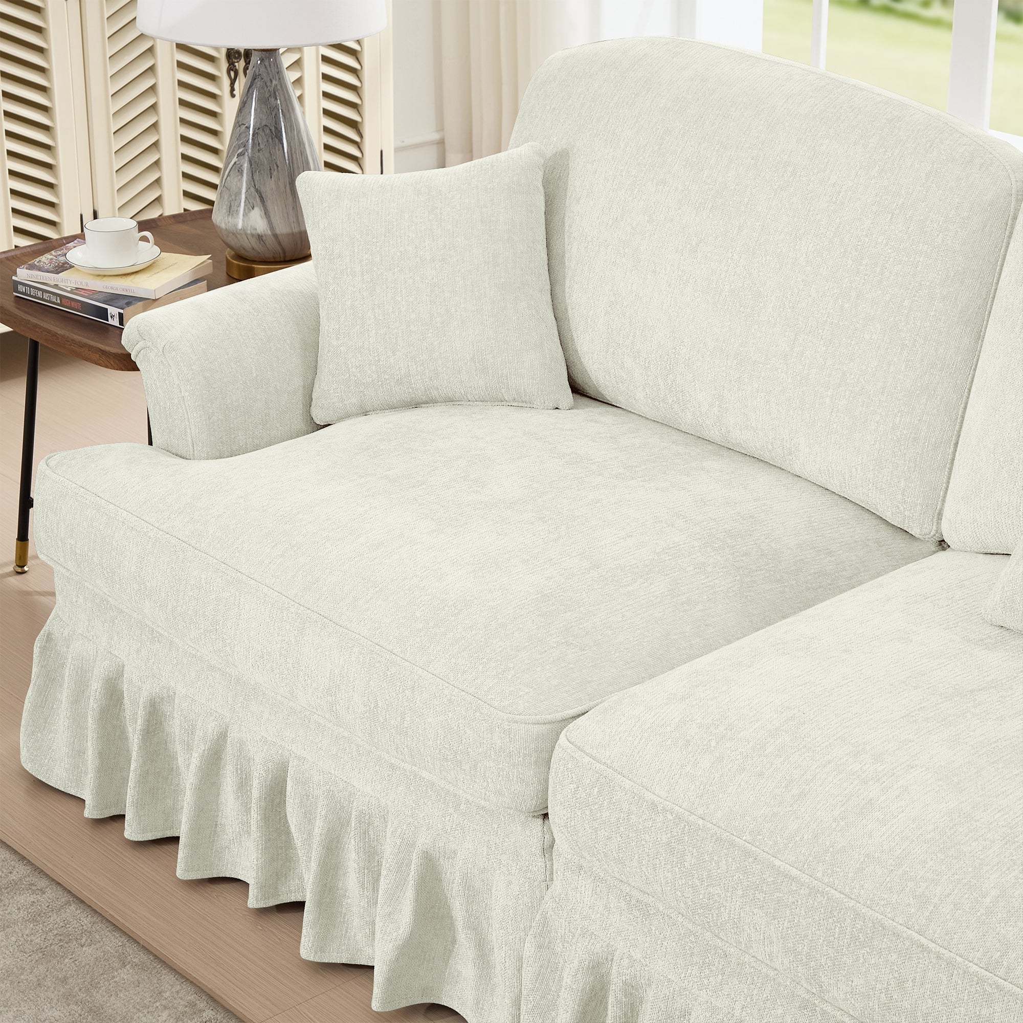 Classic U Shape 4 Seater Modular Sectional Sofa Couch with Flared Arms and Removable Ruffles Pleats Skirts and Spindle Legs, Chenille Deep Seat Cloud Sofa with Movable Ottomans, Beige White