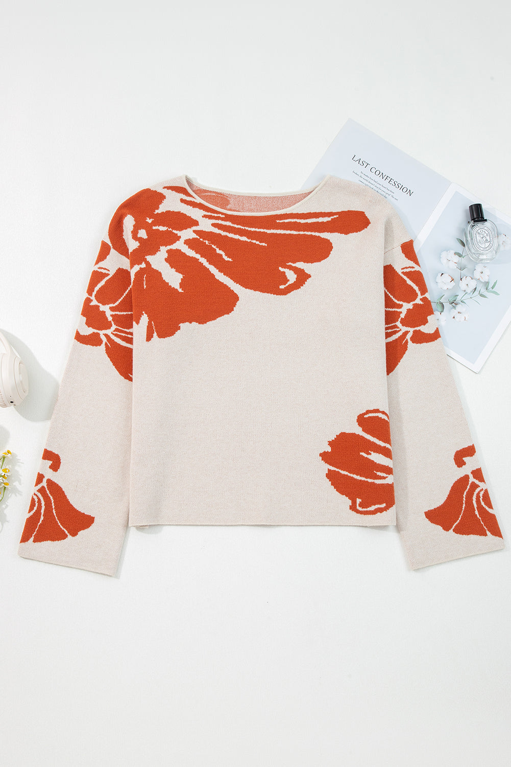 Floral Round Neck Wide Sleeve Baggy Sweater