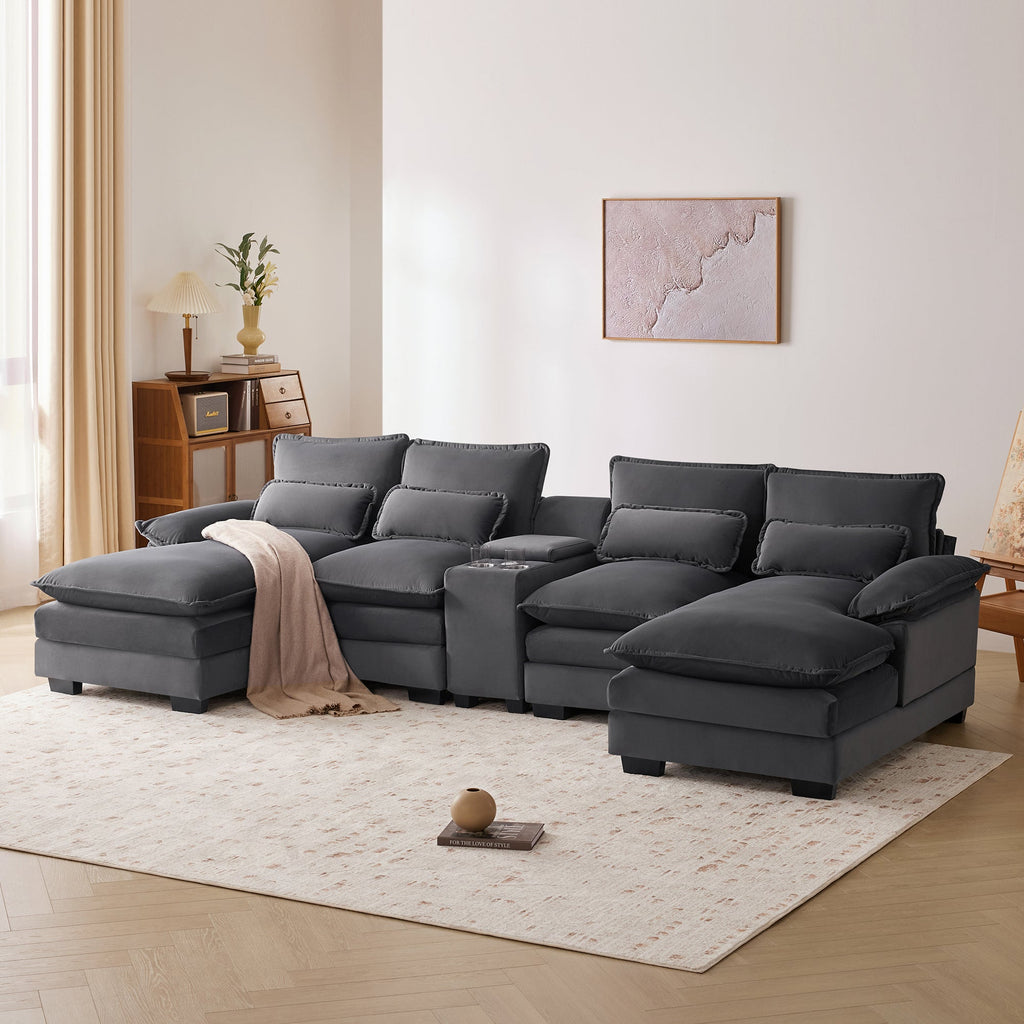 Modern U-shaped 6-Seat Sofa with Console, Cupholders, USB Ports, Velvet Upholstery in Gray