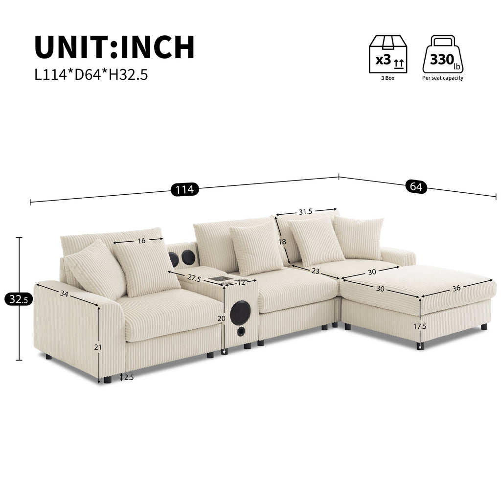 Modular Corduroy Sectional Sofa with Bluetooth Speakers, USB Charger, Cup Holders, Storage, Ottoman, 114*64'' Cream