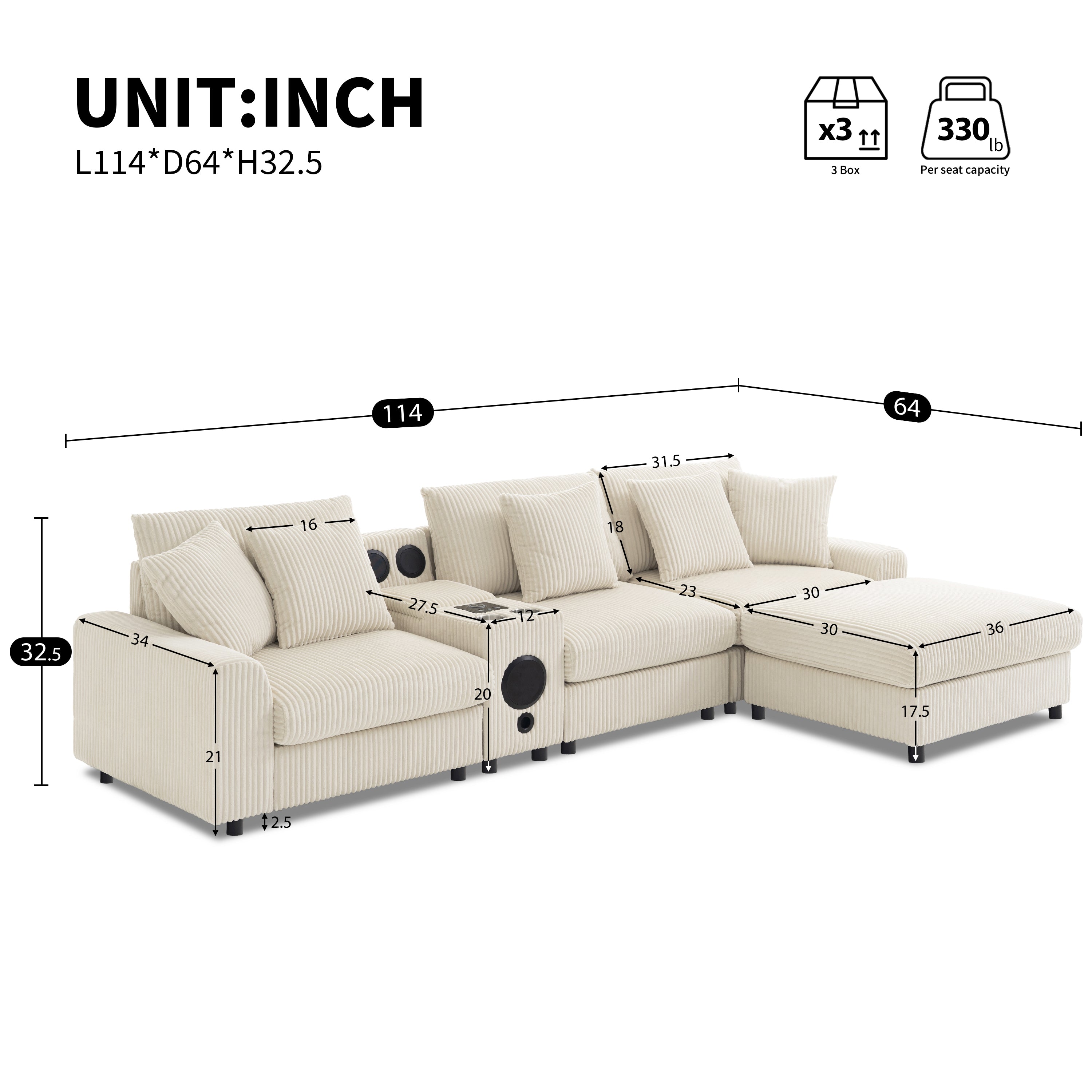 Modular Corduroy Sectional Sofa with Bluetooth Speakers, USB Charger, Cup Holders, Storage, Ottoman, 114*64'' Cream