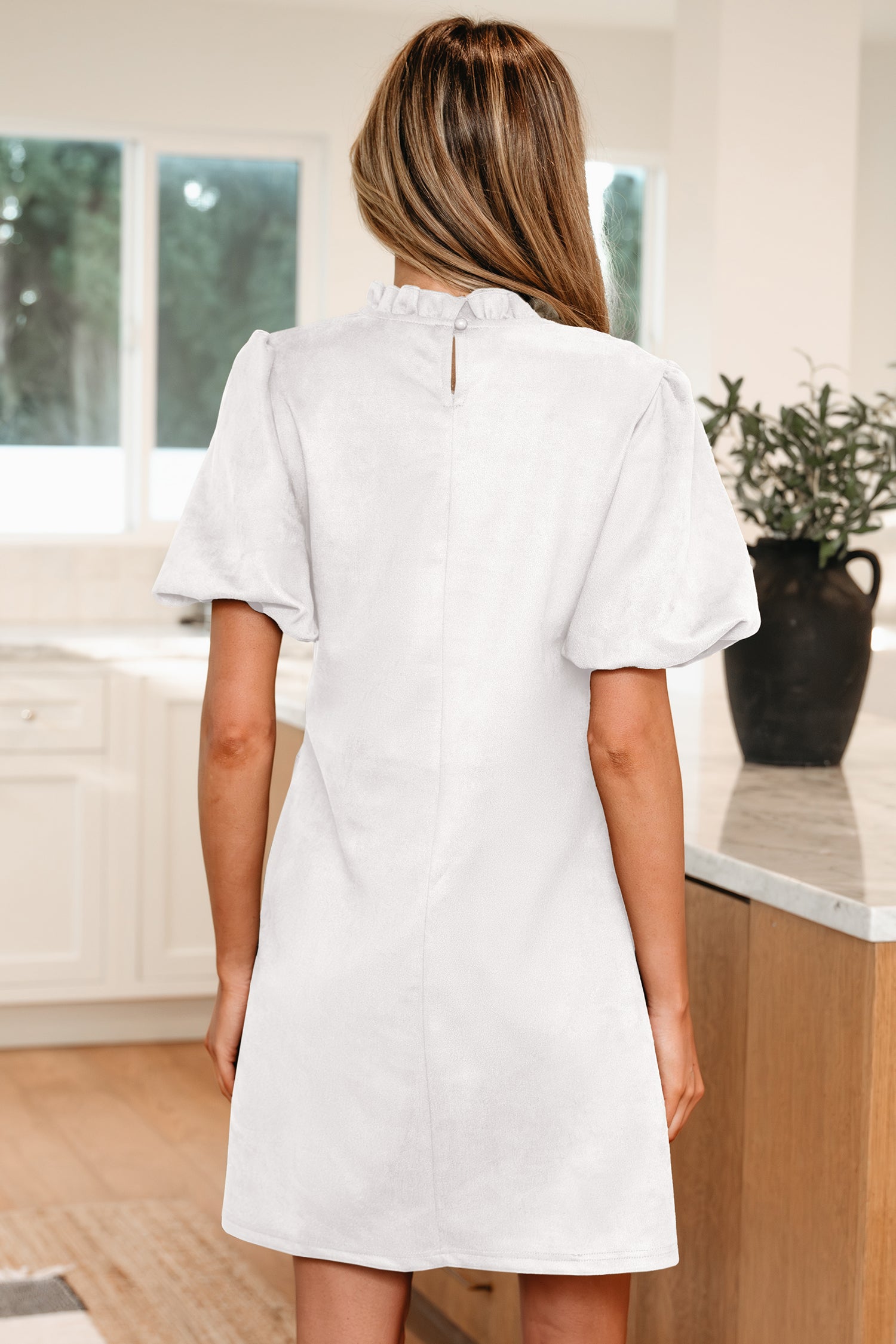 Frilled Round Neck Puff Sleeve Mini Dress