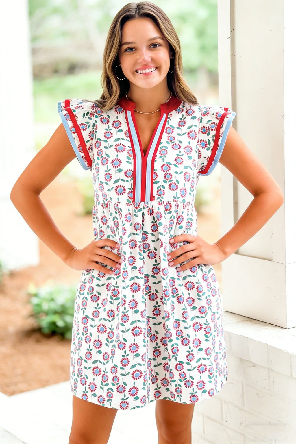 Floral Contrast Trim V-Neck Flutter Sleeve Mini Dress