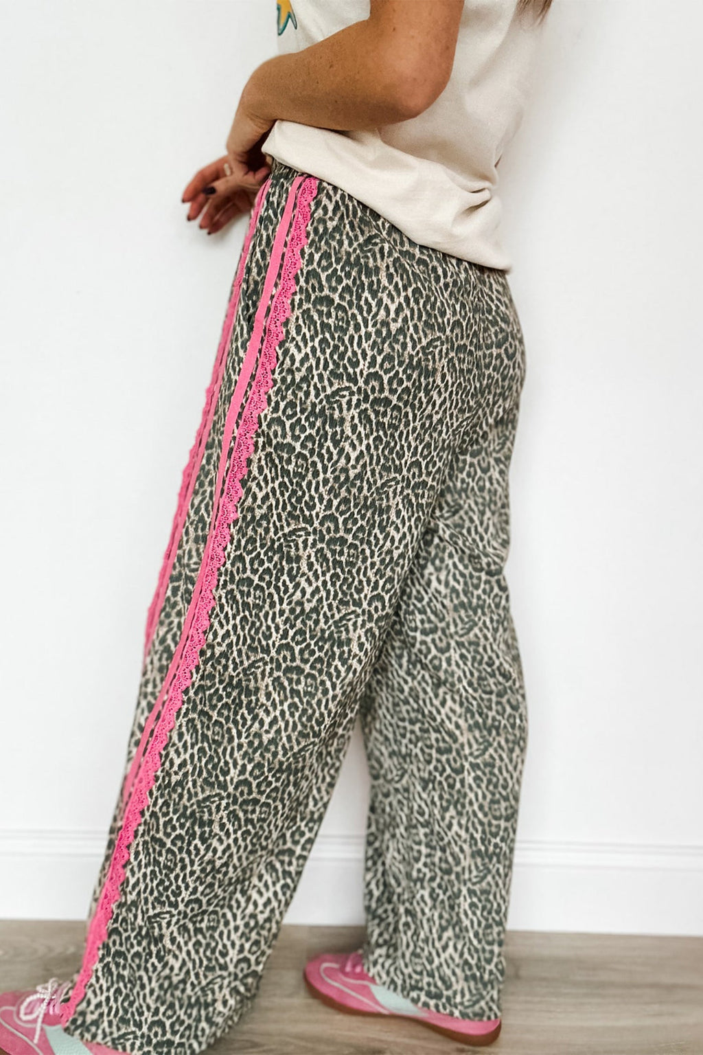 Leopard Contrast Lace Stripe Drawstring Pants