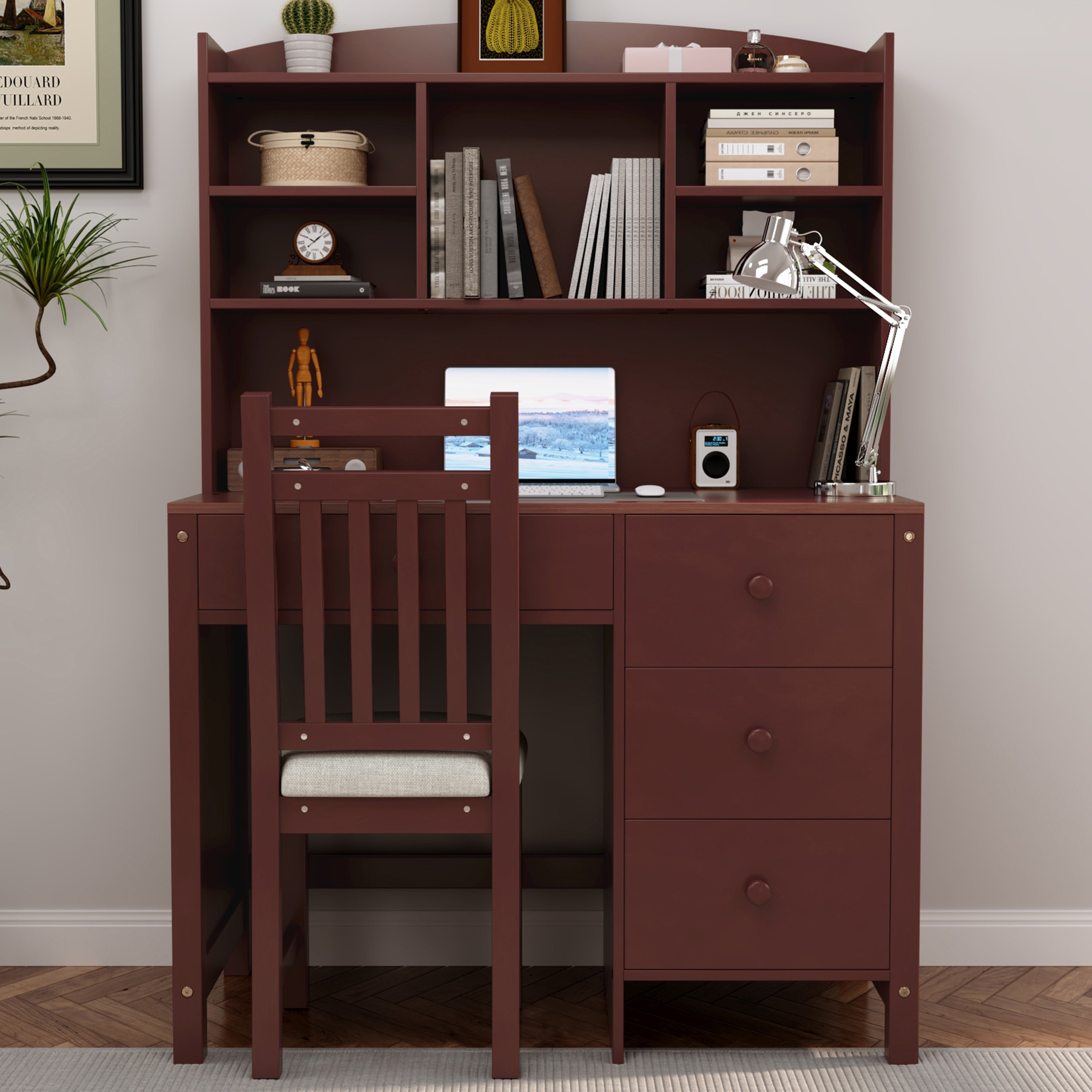Vintage 40'' Home Executive Desk and Upholstered Chair Set with Bookshelf, Computer Desk with Four Drawers, Storage Shelf, and Chair, Ideal for Office or Study in Bedroom or Living Room, Espresso