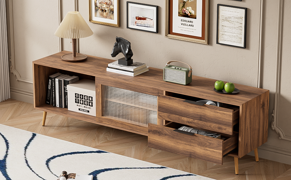 Modern TV Stand for 75'+ TV, TV Console with 2 Glass Doors, Entertainment Center with 2 Drawers & Storage Cabinet, 70' Media Console Table for Living Room, Bedroom