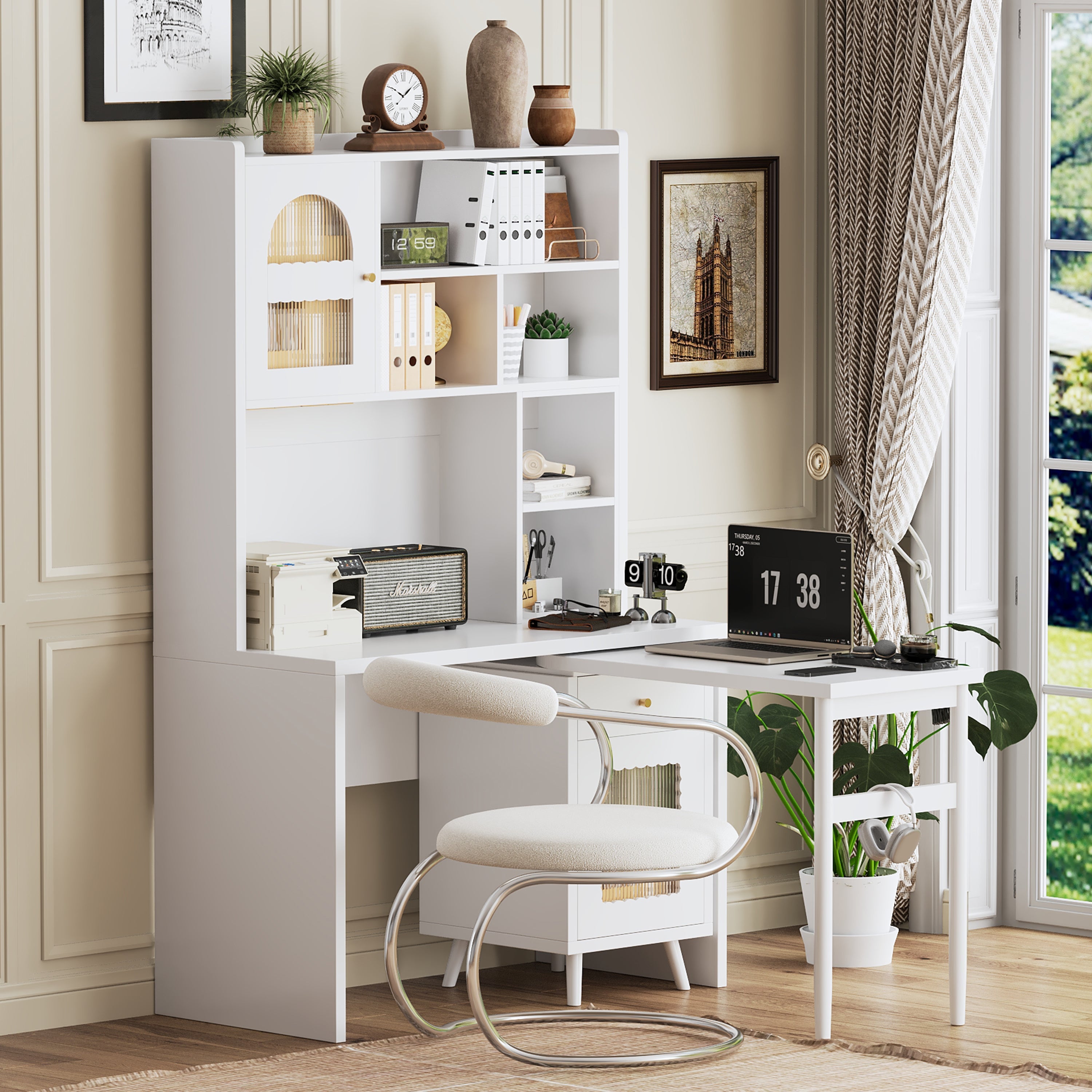 Computer Desk with 90 Degree Rotating Desktop, 43x70 Inch Office Desk with Storage Drawer and Cabinets, Gaming Desk with Shelves, Writing Desk for Study, Work Desk for Home Office Bedroom Living Room