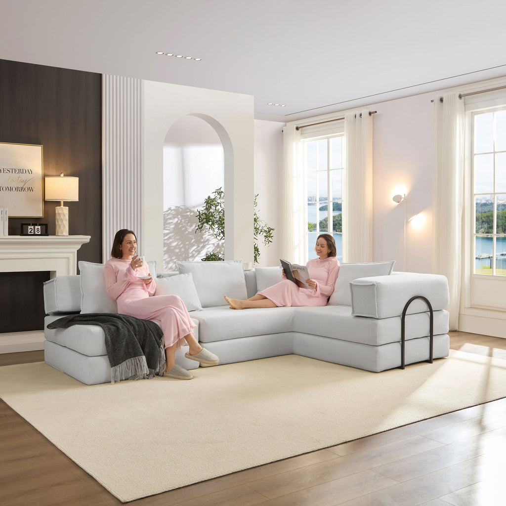 Oversized Upholstered Sectional Sofa Couch Set, Modular 118.2 ' L Shaped Floor Living Room Sofa Set With 6 Pillows, DIY Combination Sofa Couch for living rooms, apartments,bedrooms, White
