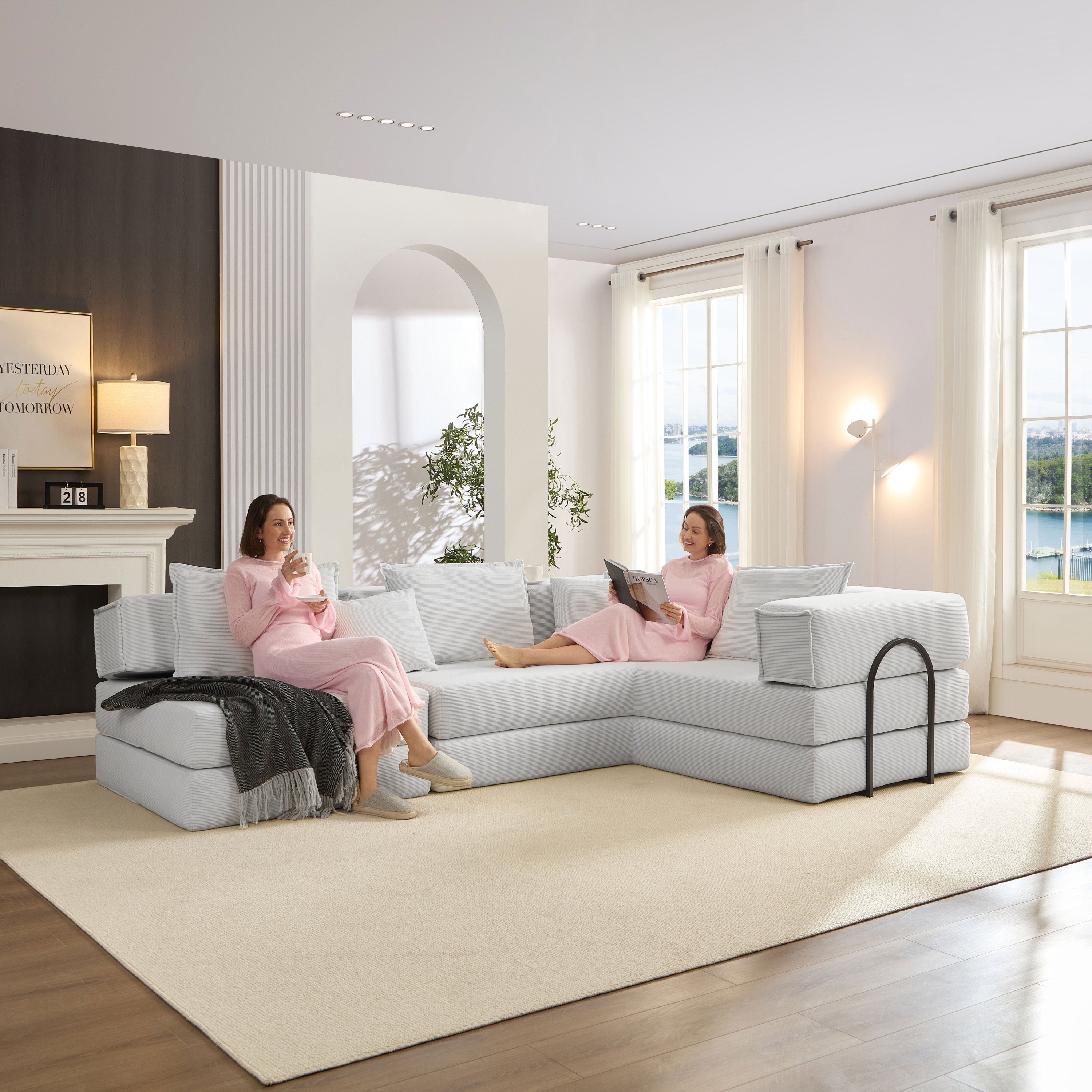 Oversized Upholstered Sectional Sofa Couch Set, Modular 118.2 ' L Shaped Floor Living Room Sofa Set With 6 Pillows, DIY Combination Sofa Couch for living rooms, apartments,bedrooms, White