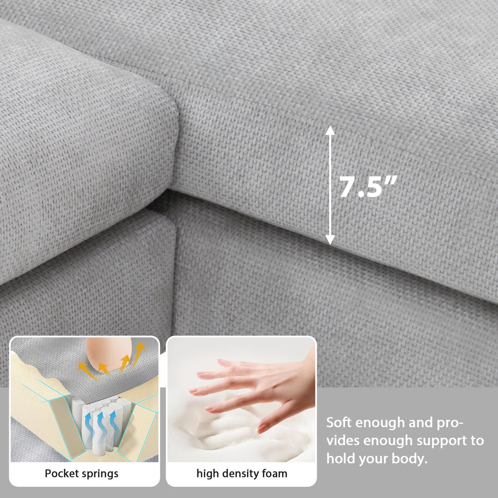 Modern Oversized L-shaped Sectional Sofa with Chaise and Free Pillows, Chenille Fabric, 119*55 Inches, Light Gray