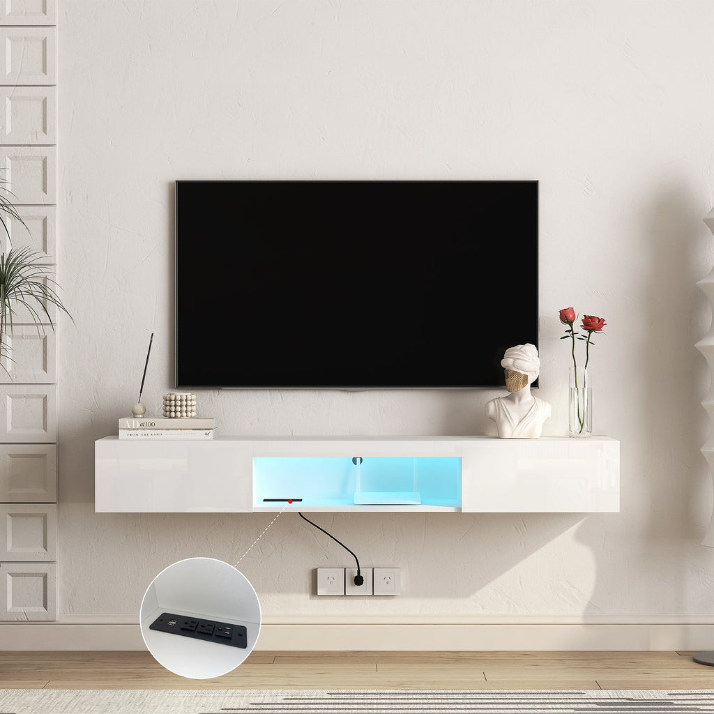Floating TV Stand Wall Mounted with 16 Color LEDs,63' Modern TV Stand,Floating TV Cabinet Entertainment Center for 55 60 65 Inch TV,White