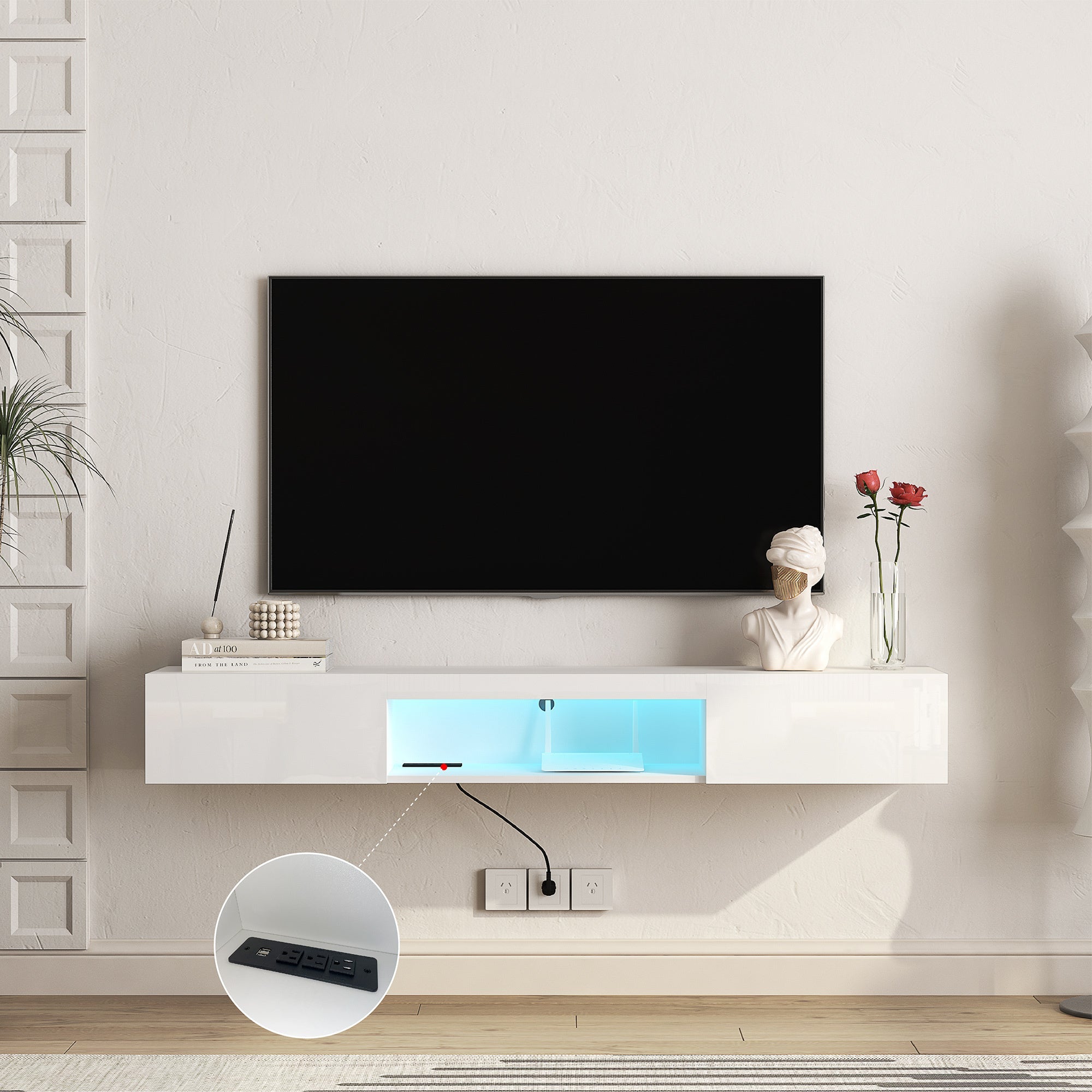 Floating TV Stand Wall Mounted with 16 Color LEDs,63' Modern TV Stand,Floating TV Cabinet Entertainment Center for 55 60 65 Inch TV,White