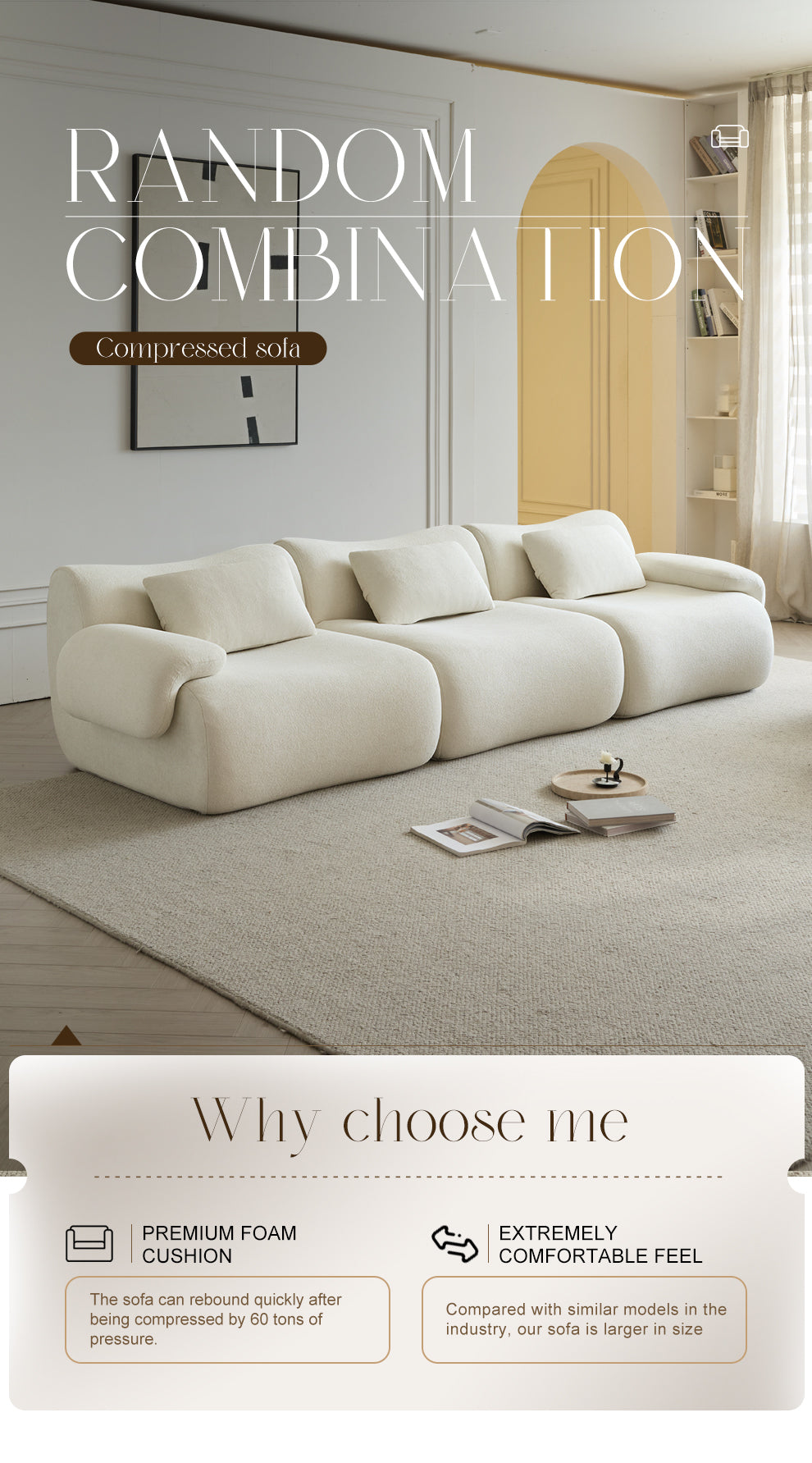 Modular Sectional Sofa, Compressed Sectional Sofa Modern Minimalist Style Couch, Bedroom, Comfy Compressed Sofa Couch Space-Efficient Design-White