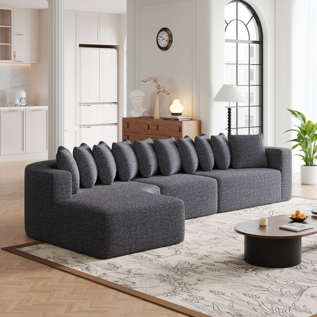 131.1-inch Chenille Sectional Sofa Set, Modern Cloud-Shaped Curved Sofa, Includes 10 Pillows, Living Room Fabric Corner Sofa, L-Shaped Modular Sofa (Left Chaise)