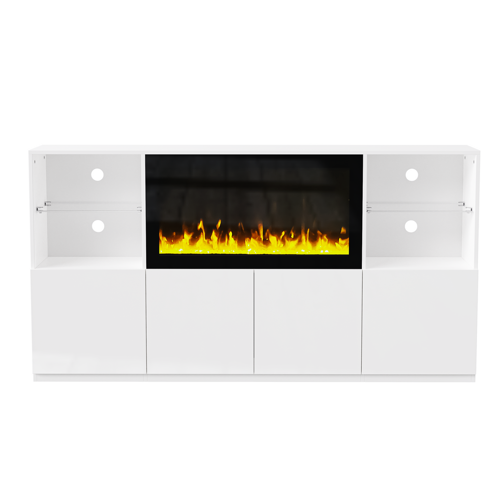 ON-TREND High Gloss TV Stand with 34.2' Non-heating Electric Fireplace, Modern Entertainment Center with LED Light, Media Console with Tempered Glass Shelves for TVs up to 75', Living Room, White