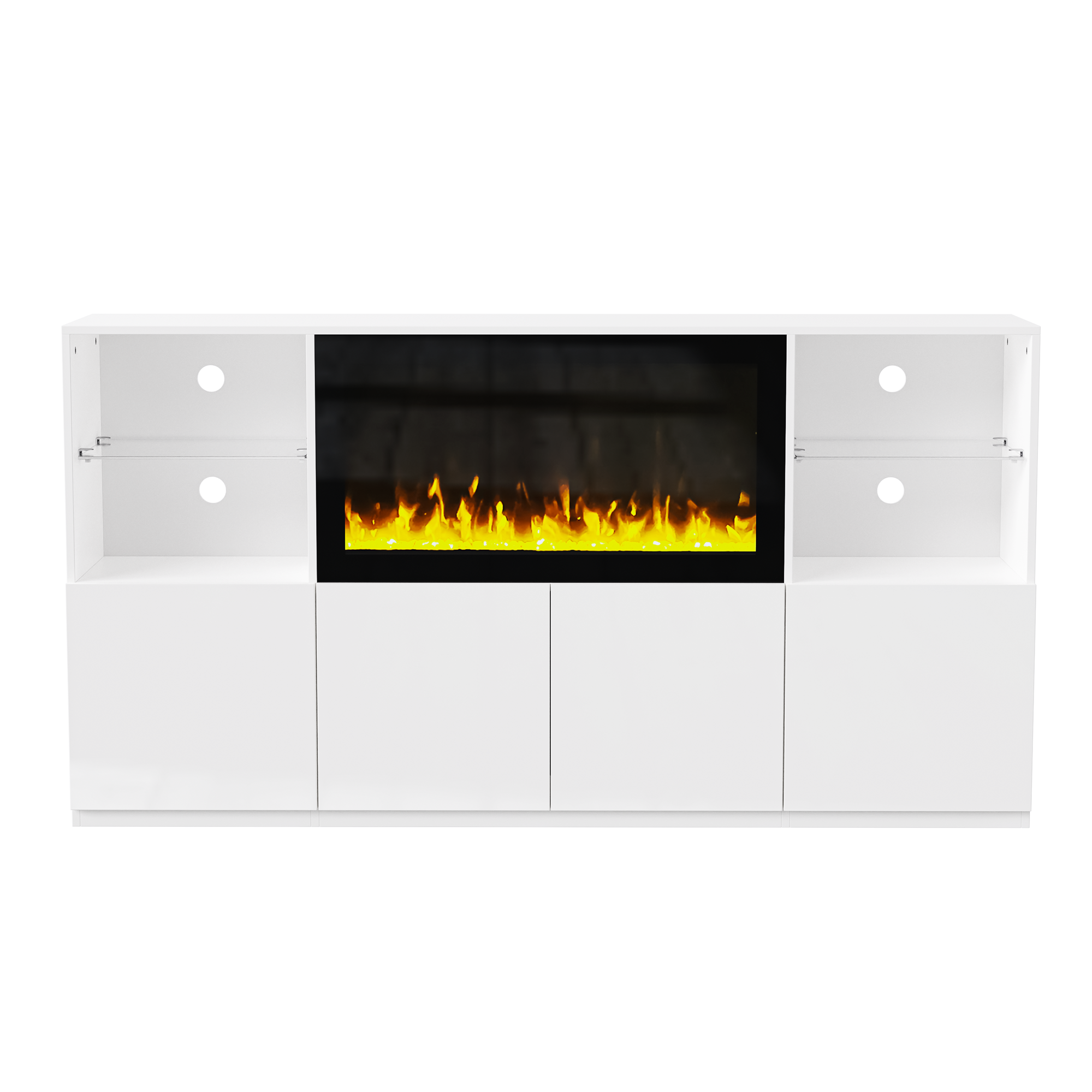 ON-TREND High Gloss TV Stand with 34.2' Non-heating Electric Fireplace, Modern Entertainment Center with LED Light, Media Console with Tempered Glass Shelves for TVs up to 75', Living Room, White