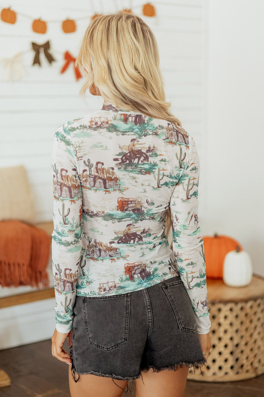 Western Long Sleeve Round Neck Slim Top