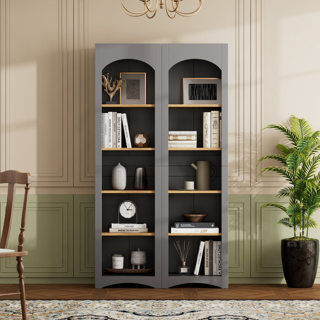 ON-TREND Free Standing 5 Tier Bookshelves, Bookcases Set of 2, Farmhouse Two-Tone Storage Cabinet with Adjustable Shelves, Modern 72'H Kitchen Pantry Cabinet for Living Room, Home Office, Grey