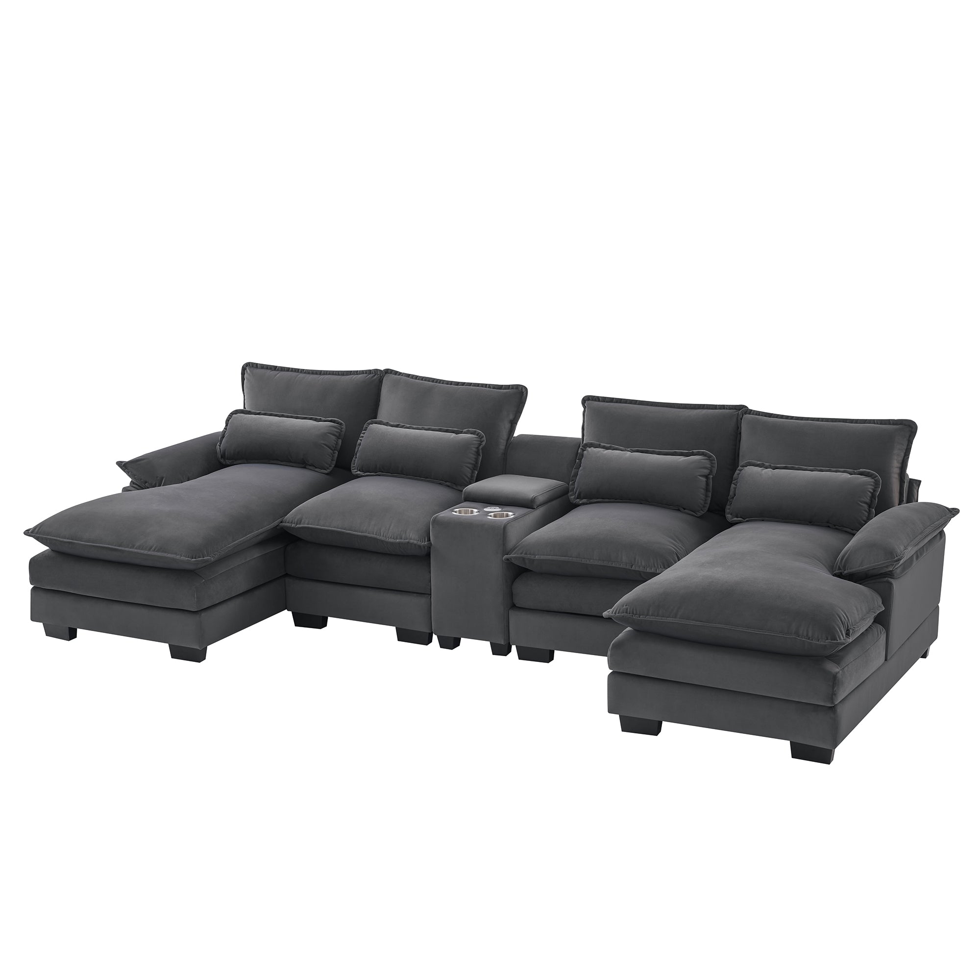 Modern U-shaped 6-Seat Sofa with Console, Cupholders, USB Ports, Velvet Upholstery in Gray