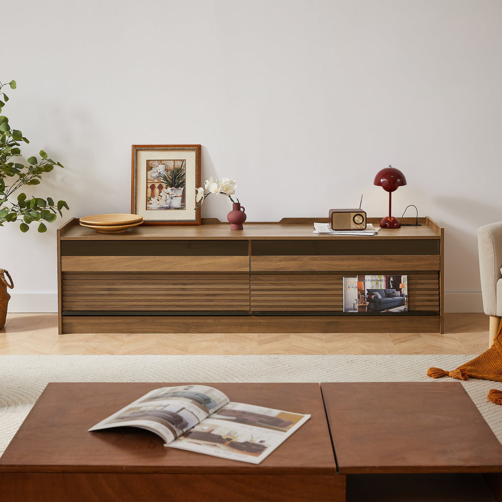 Mirod Modern TV Stand with Ample Storage,4 Drawer Design with Tempered Glass ,Built-in Charging Ports and Ambient LED Lighting ,Versatile for Any Decor Style