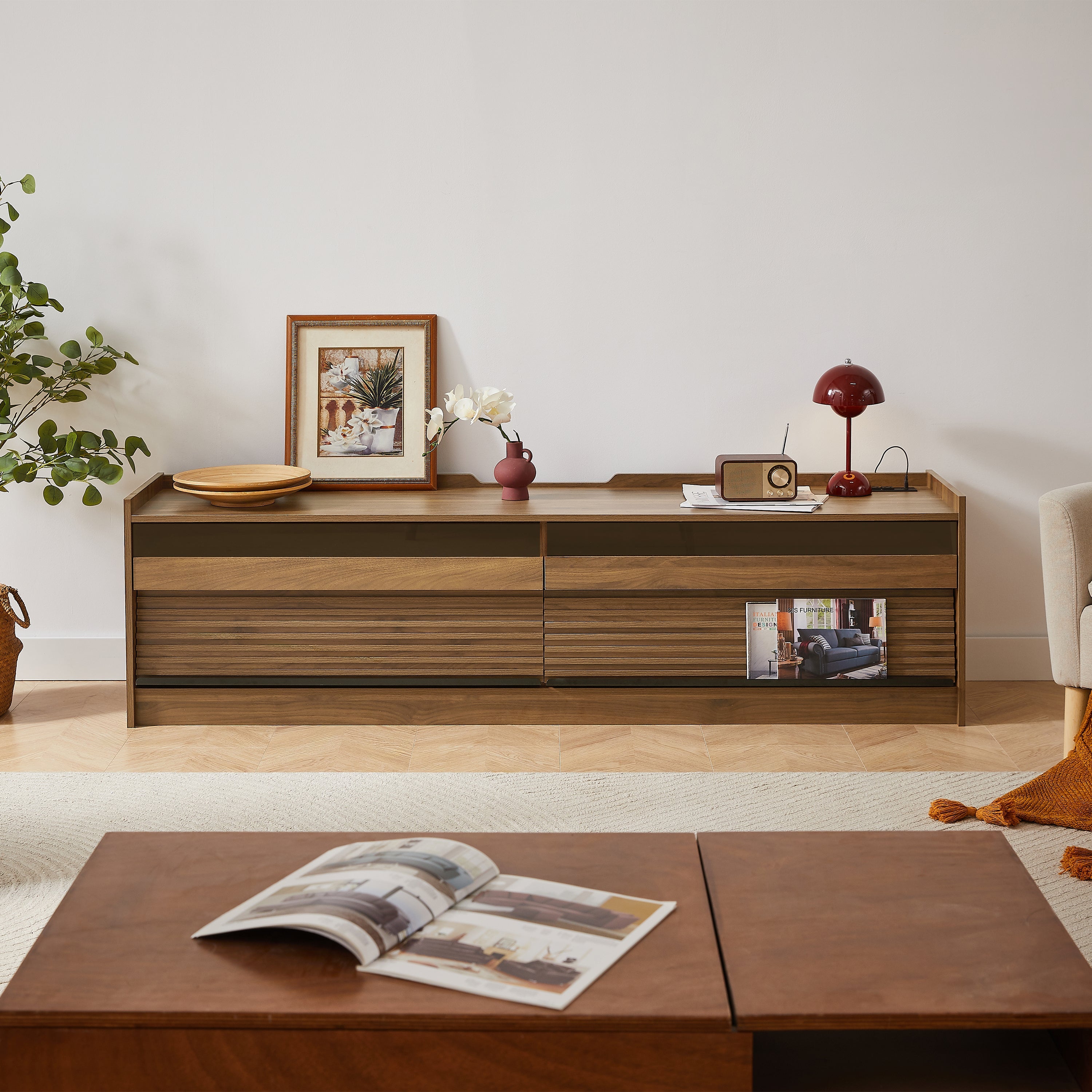 Mirod Modern TV Stand with Ample Storage,4 Drawer Design with Tempered Glass ,Built-in Charging Ports and Ambient LED Lighting ,Versatile for Any Decor Style