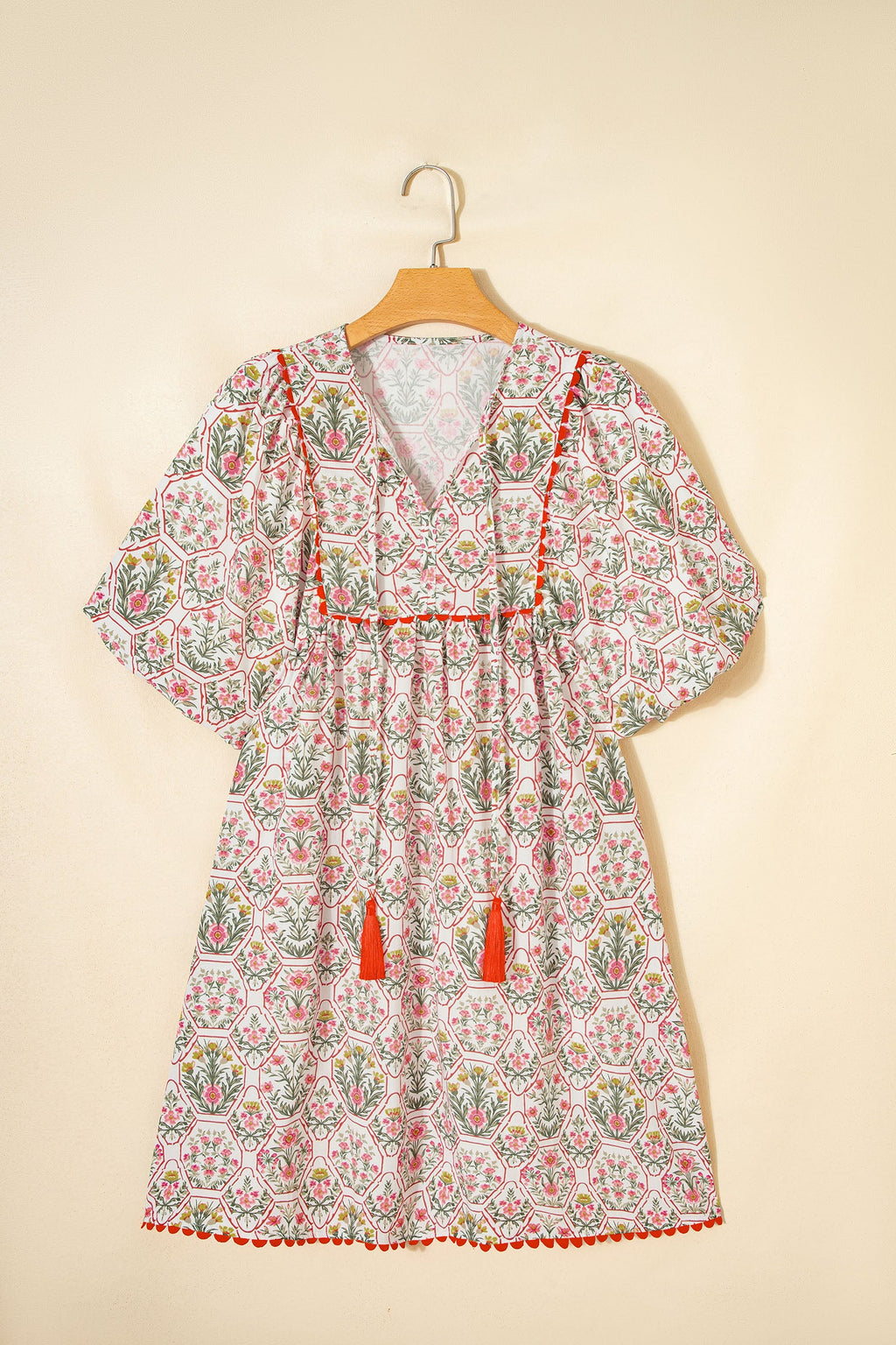 Floral Tassel Tie V-Neck Scalloped Trim Mini Dress