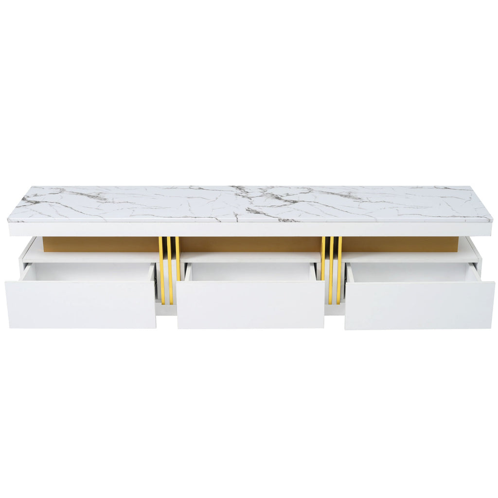 ON-TREND Luxury TV Stand with High Gloss Faux Marble Top for TVs Up to 78'', Rectangle Media Console with Golden Panel Design, Practical Entertainment Center with 3 Drawers for Living Room, White