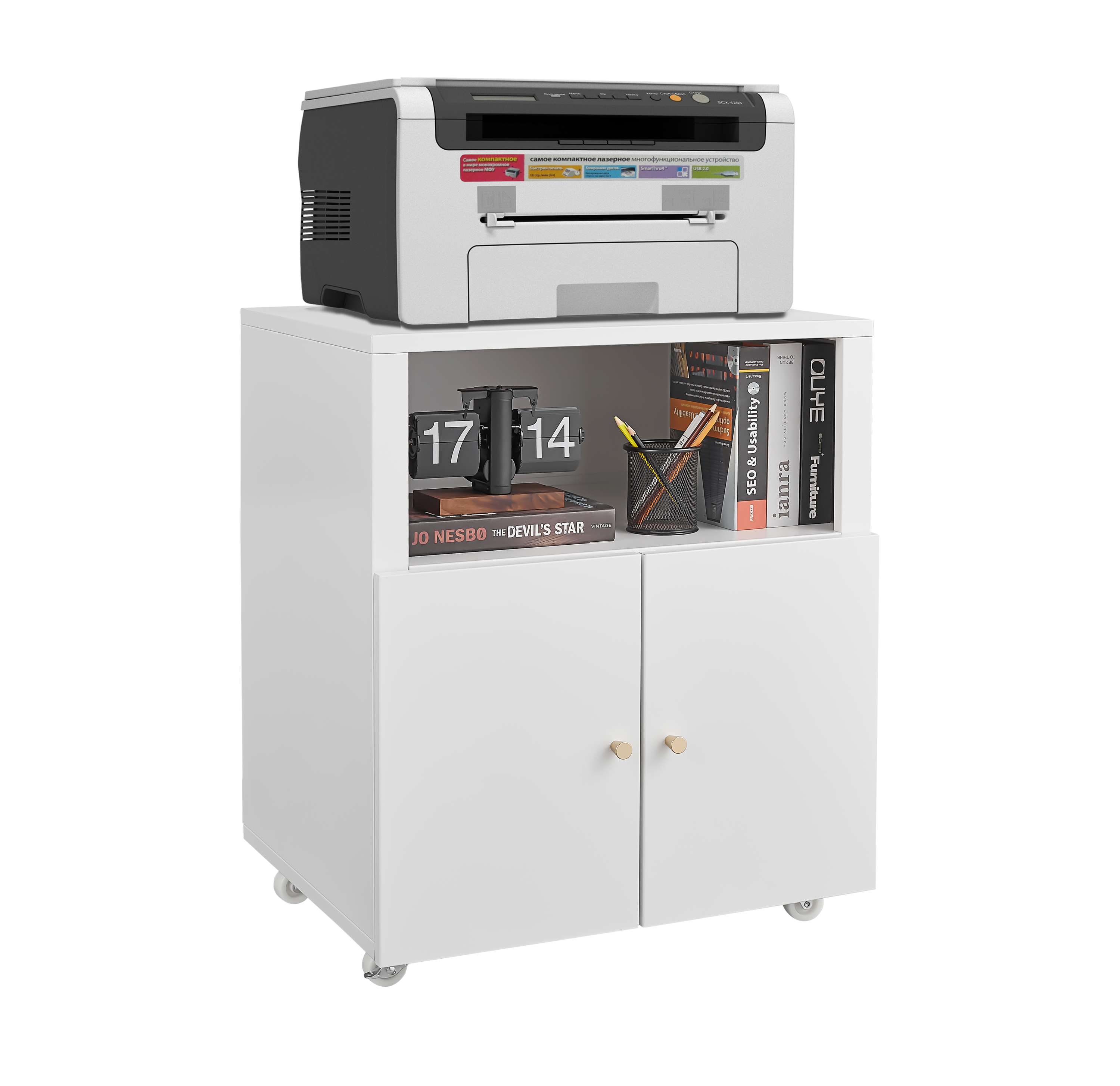 Home Office Printer Stand with Wheels, Printer Tables with File door  Mobile Lateral Filing Cabinet with Open Storage Shelf for Letter/Legal/A4 Size Files,