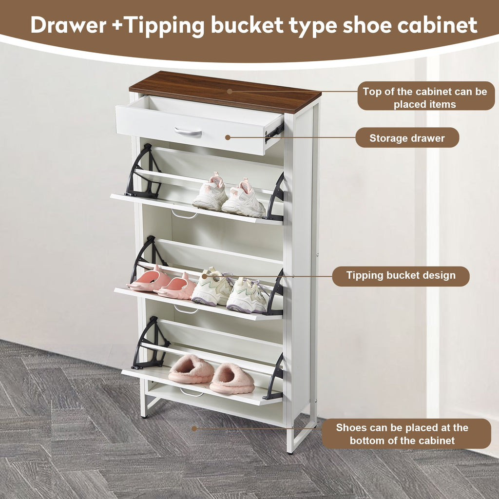Shoe Storage Cabinet with 3 Flip Drawers&1 Drawer, Slim Freestanding Storage Racks for Entryway, Hallway, Hidden Narrow Shoe Organizers Perfect for Heels, Boots, Slippers, white/Walnut