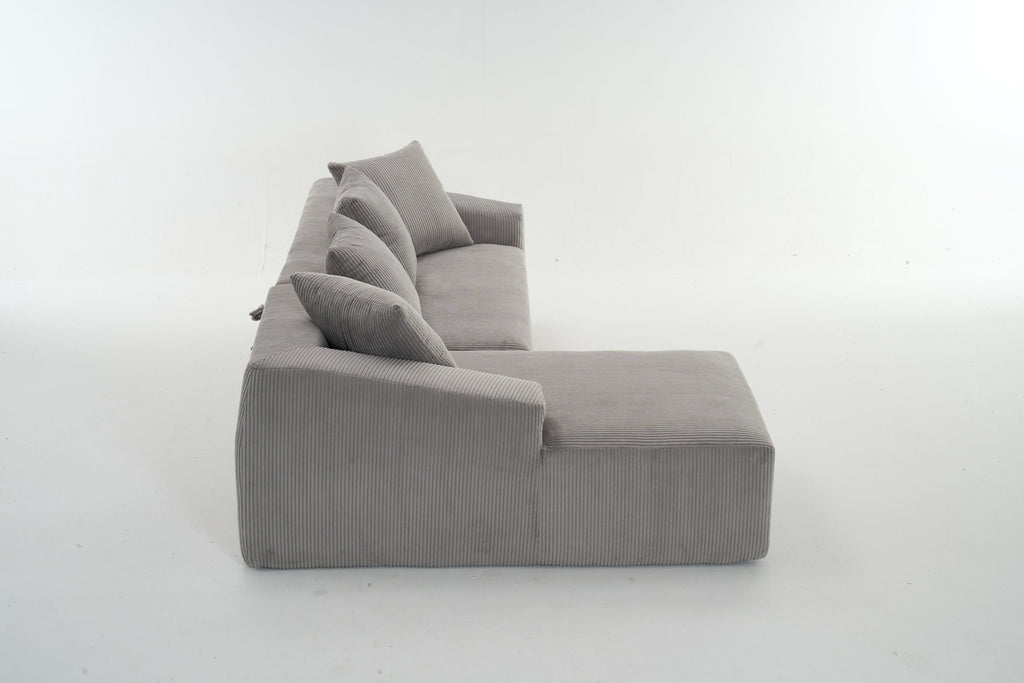 LY-023 LIGHT GREY COMPRESSION SOFA: Combining chaise longue with 3-seater, Corduroy Fabric, full sponge compression sofa,combined sofa with 4 pillows for living/ Home Furniture/ Apartment