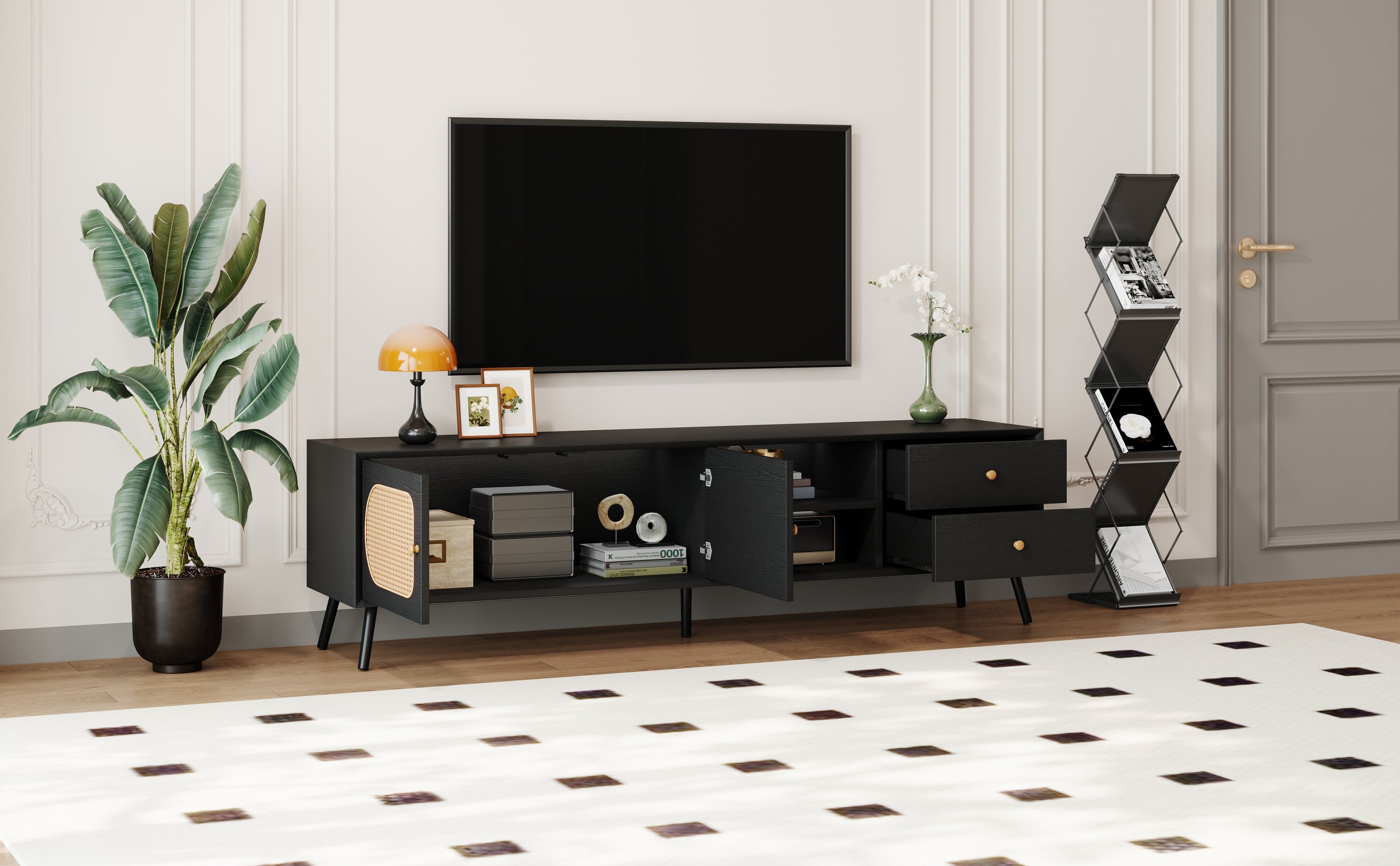 70' TV Stand for TVs up to 80 Inches, Mid Century Modern Entertainment Center with Rattan Doors, 2 Drawers, and Open Shelf, Television Stand for Living Room