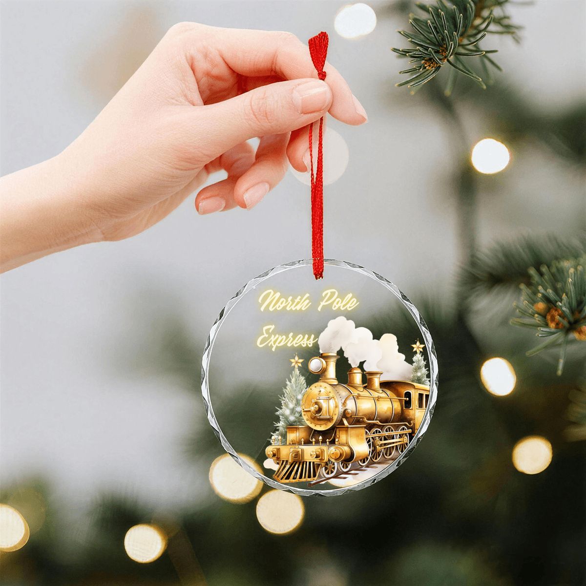 North Pole Express Golden Train Round Glass Christmas Ornament (Made in USA)