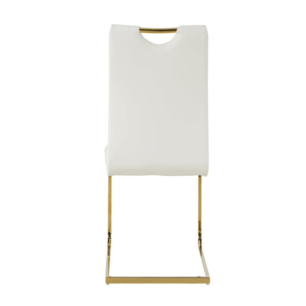 Modern style glass dining table, elegant transparent design, sturdy stainless steel base, White dining chair set, with gold-plated chair legs, suitable for dining room and kitchen (set of 7)