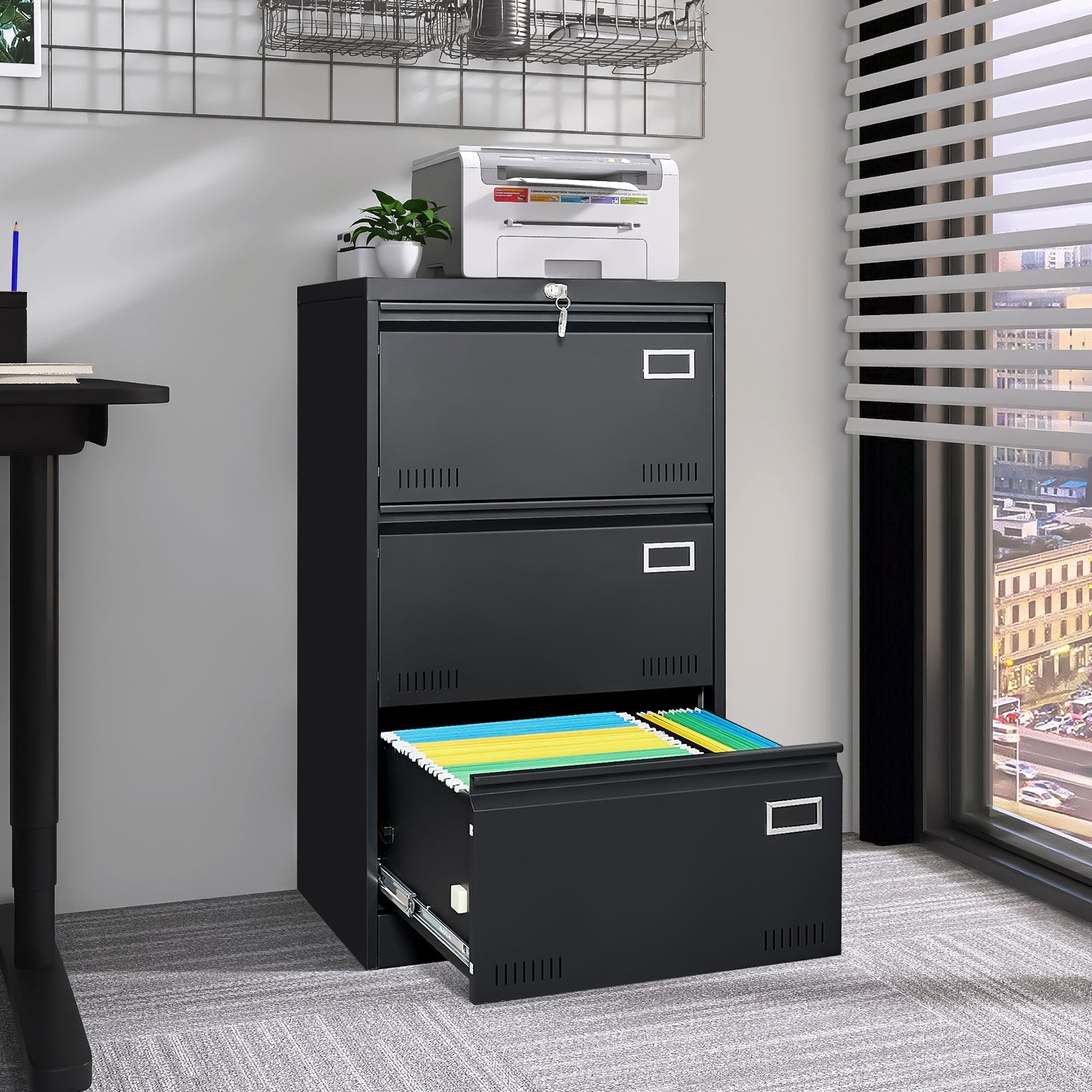Black Metal 3-Drawer Lateral Filing Cabinet with Lock for Home and Office
