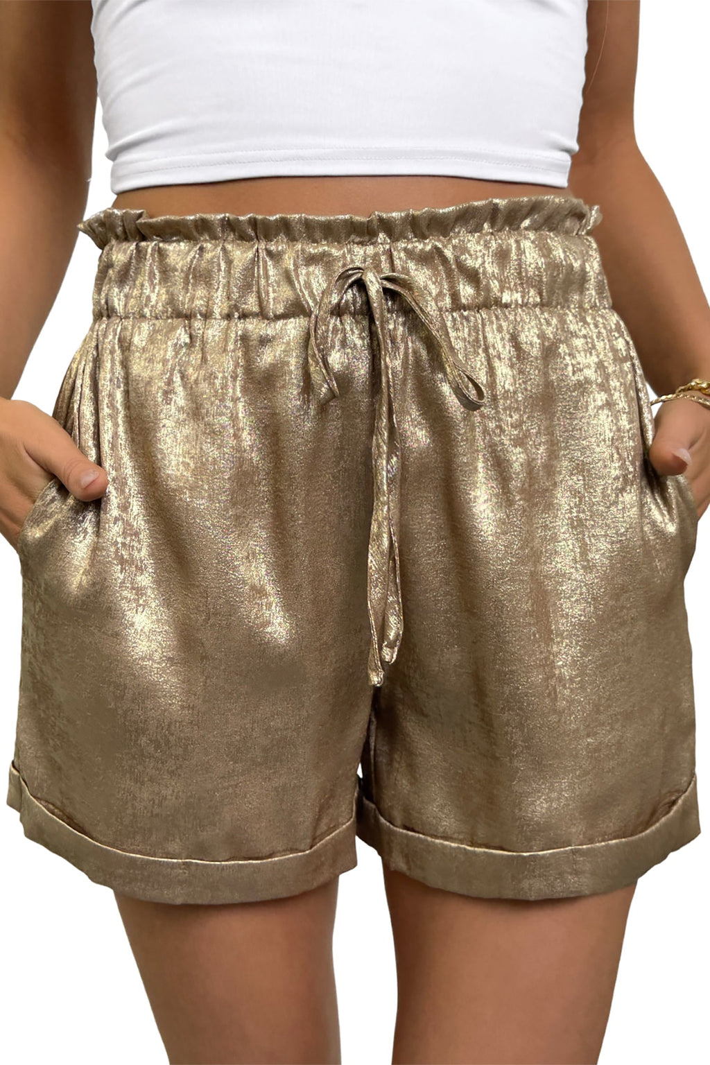 Metallic Tie Elastic Waist Cuffed Hem Shorts