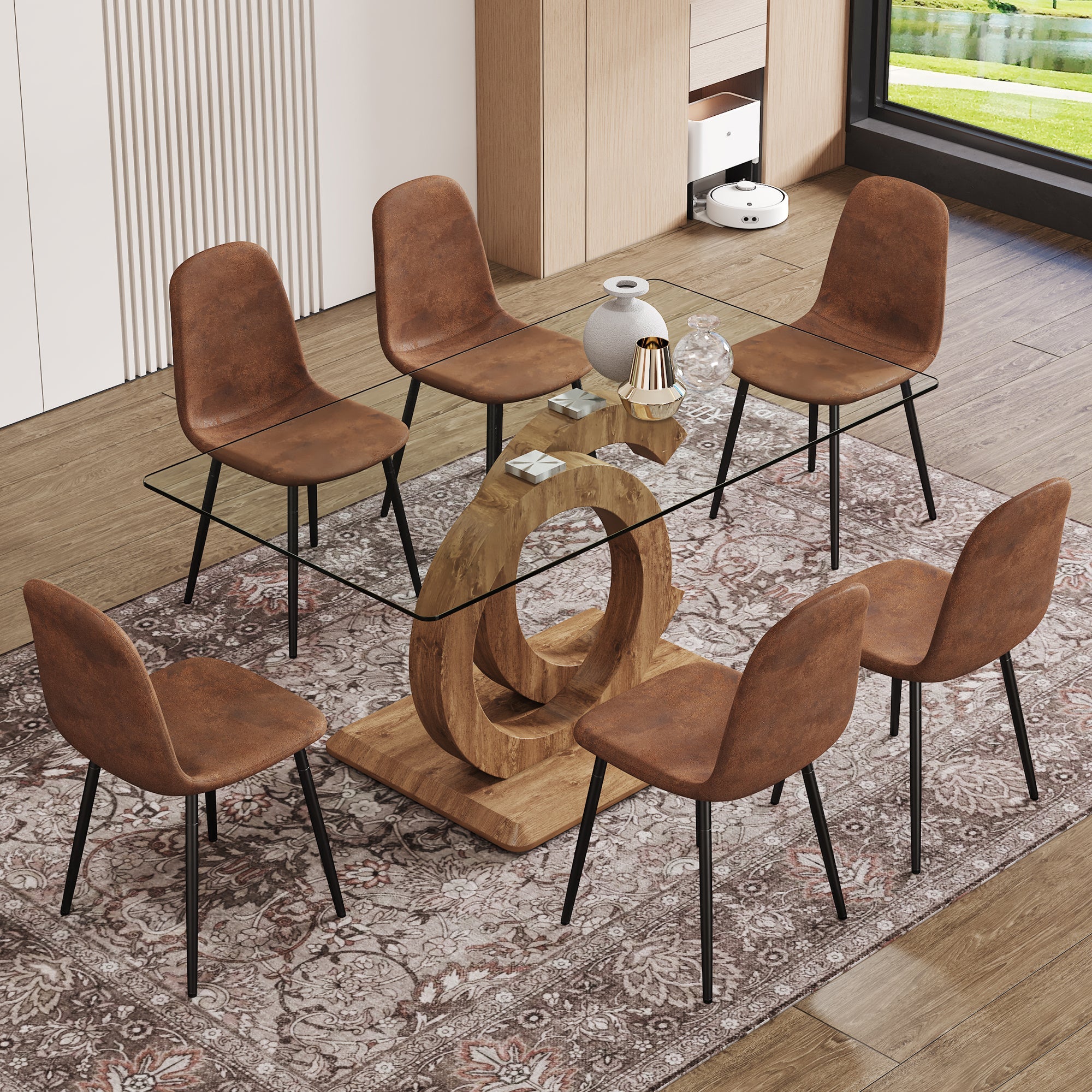 1 table and 6 chairs set.63'x35.4x30' Rectangular Transprant Tempered glass Dining Tabletop with Wood color MDF OC shaped bracket.Paired with 6 brown technology fabric dining chairs.W1151S02013