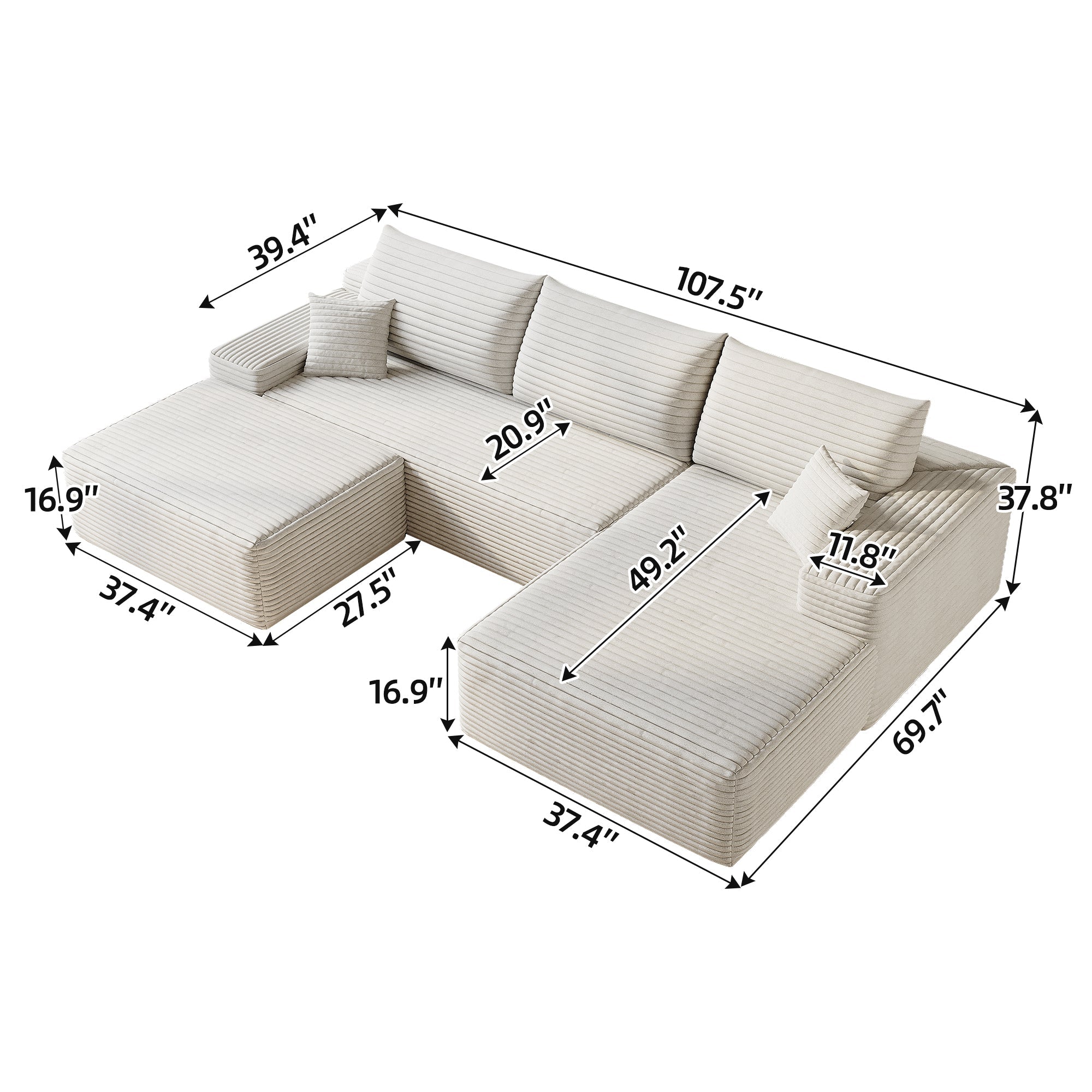 107' Cloud Sectional Sofa with 1 Ottoman,Modern Minimalist Upholstered Couches, Comfort U Shaped Sofa for Living Room,Deep Seat Corner Couch,No Assembly Required (Plush Corduroy Fabric),White