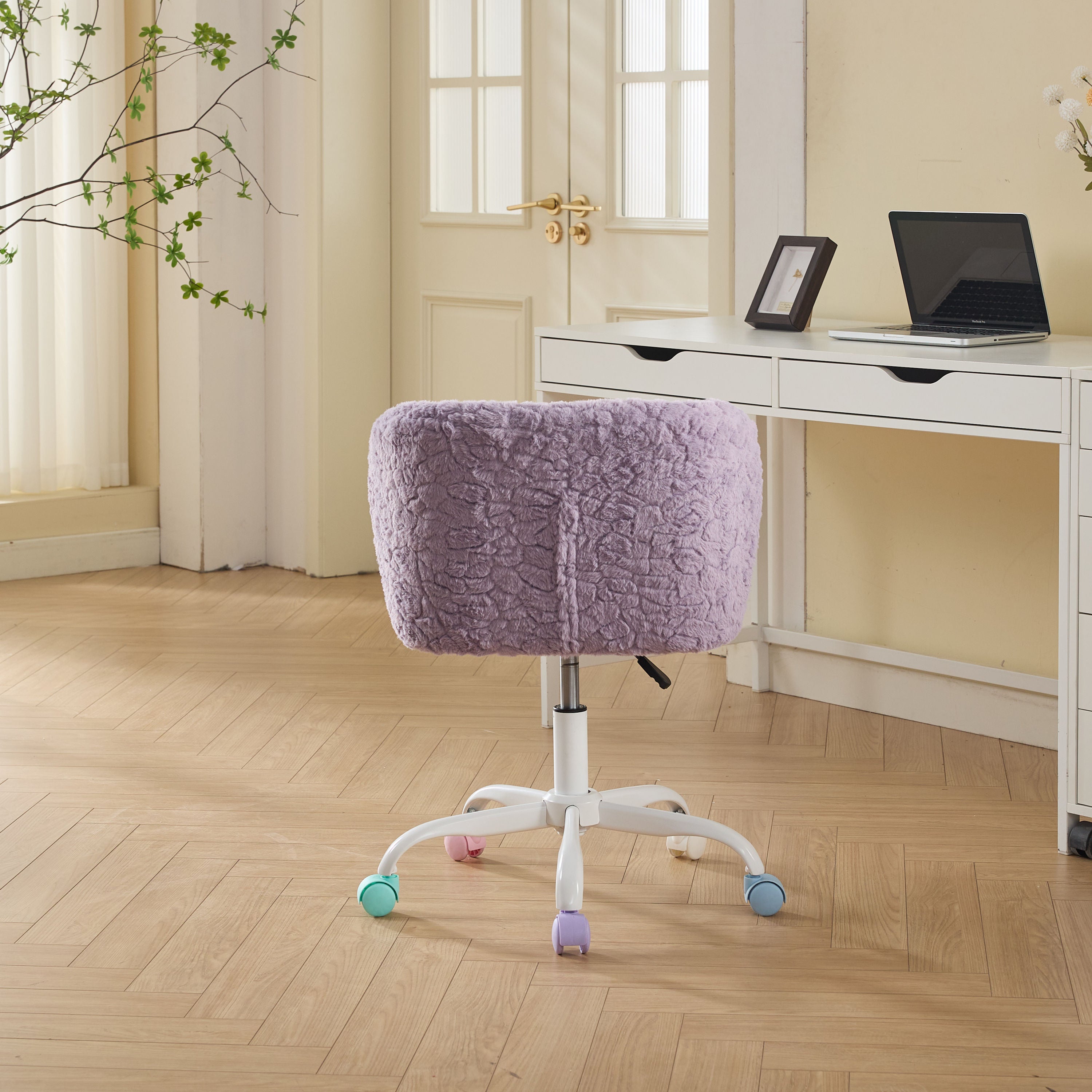 A&A Furniture Office Chair,Artificial rabbit hair Home Office Chair with Metal Base,Adjustable Desk Chair Swivel Office Chair,Vanity Chair(Violet)