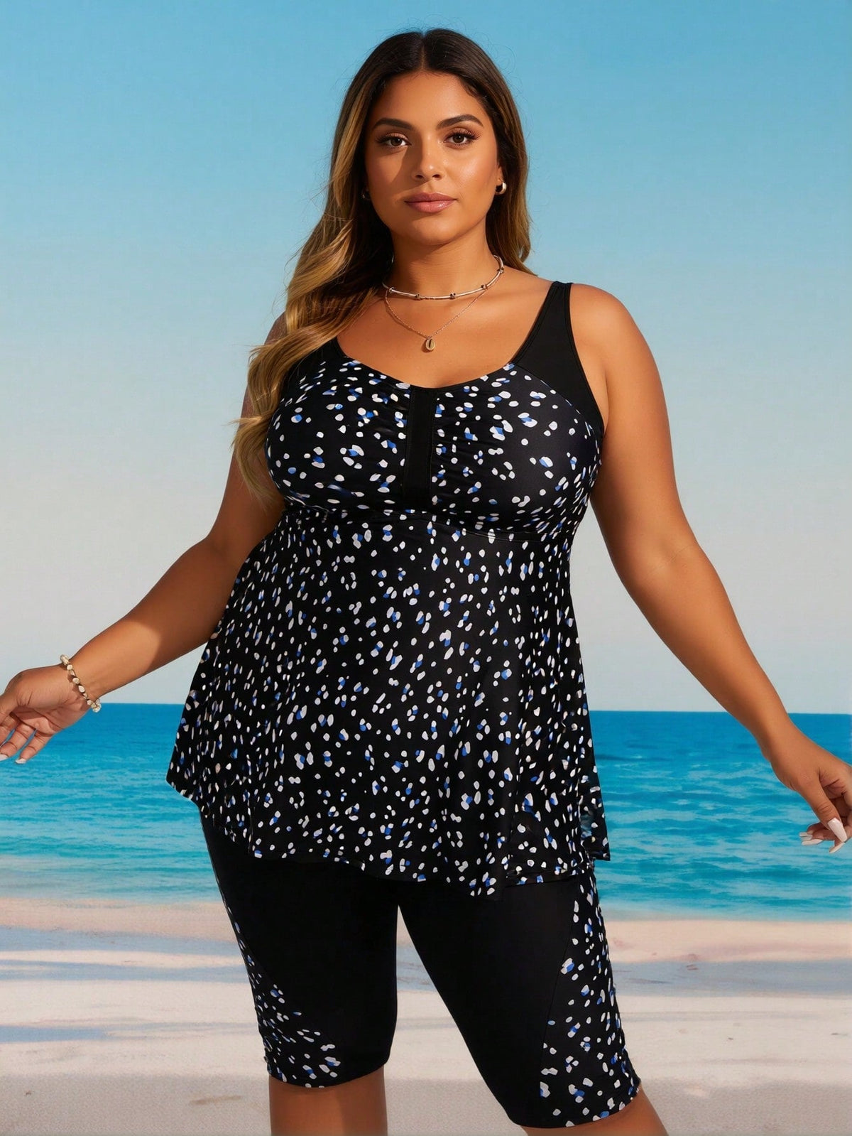Women's Plus Size Modest Black & Blue Printed Tankini Set With Capri Leggings