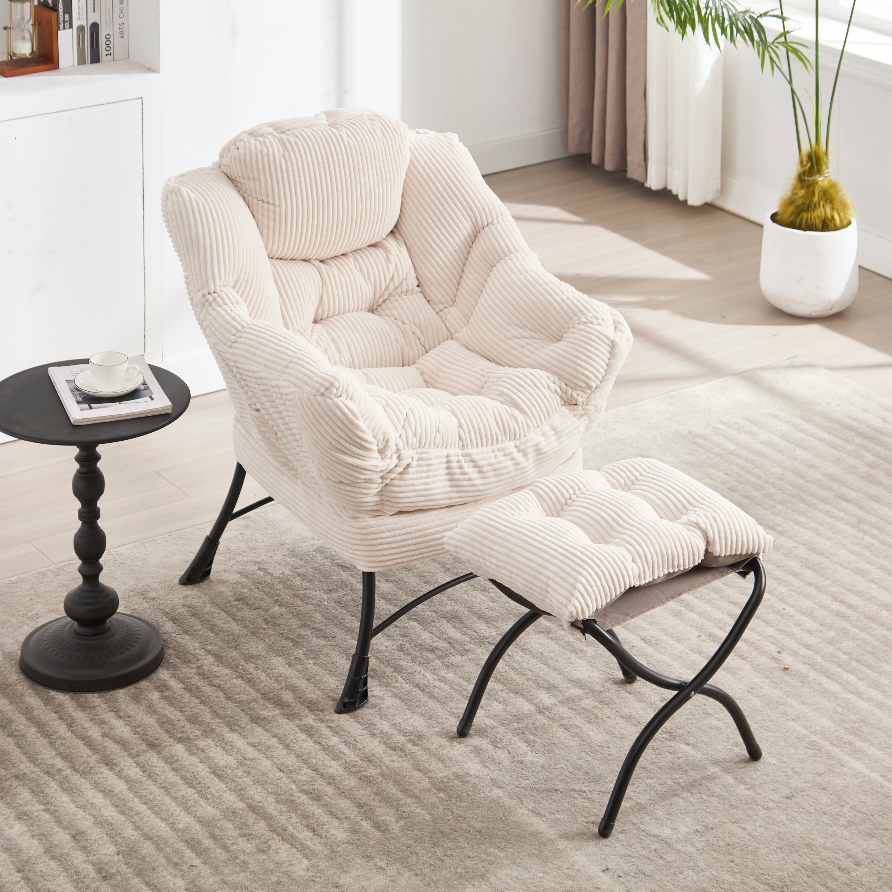 Lazy Chair with Ottoman, Modern Lounge Accent Chair with Armrests and a Side Pocket, Leisure Upholstered Sofa Chair Reading Chair with Footrest for Small Space, Corner Chair-White