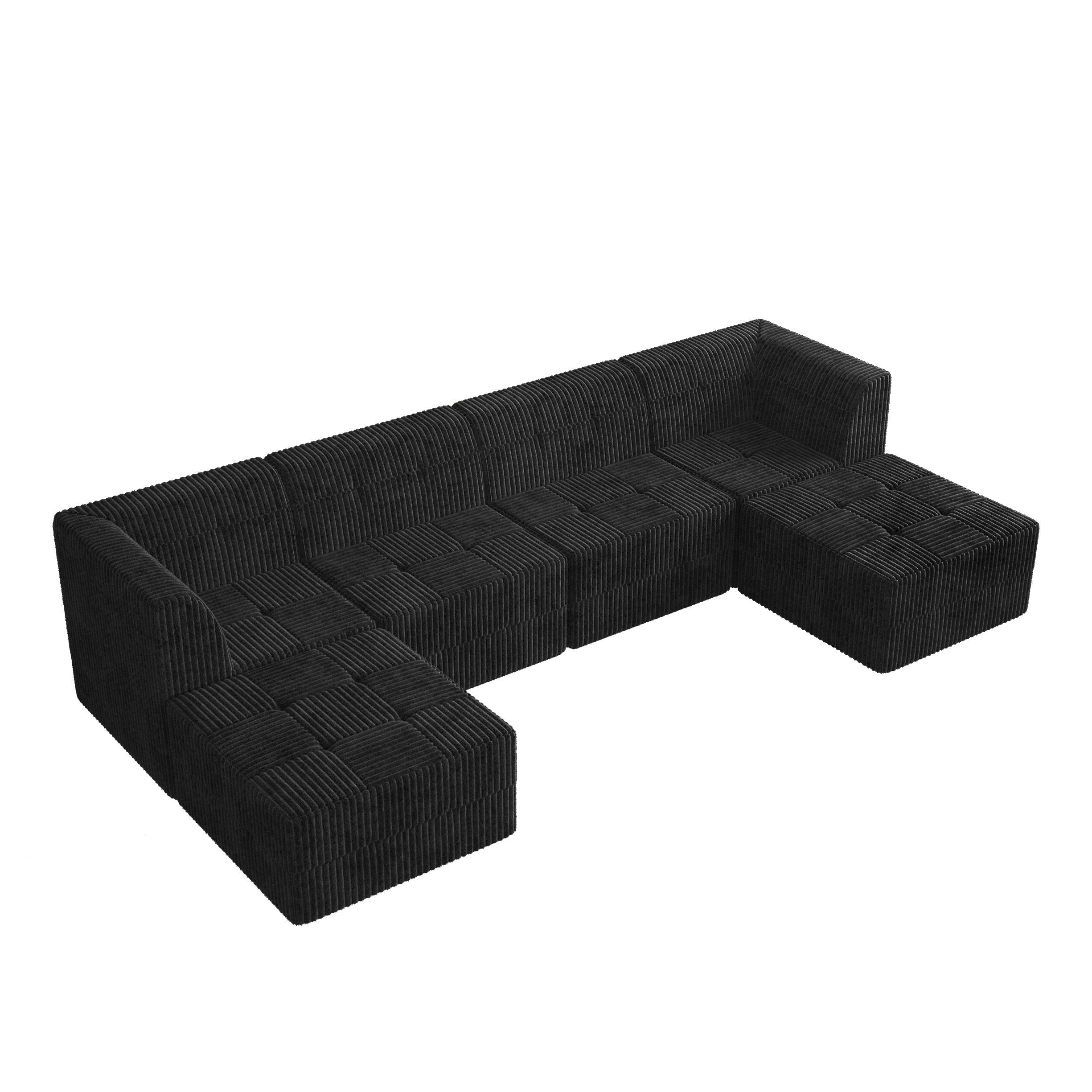 U shape Modular Sectional Sofa, Compressed Sectional Sofa Modern Minimalist Style Corduroy Couch, Sleeper Sofa for Living Room, Bedroom, Comfy Compressed Sofa Couch Space-Efficient Design-black