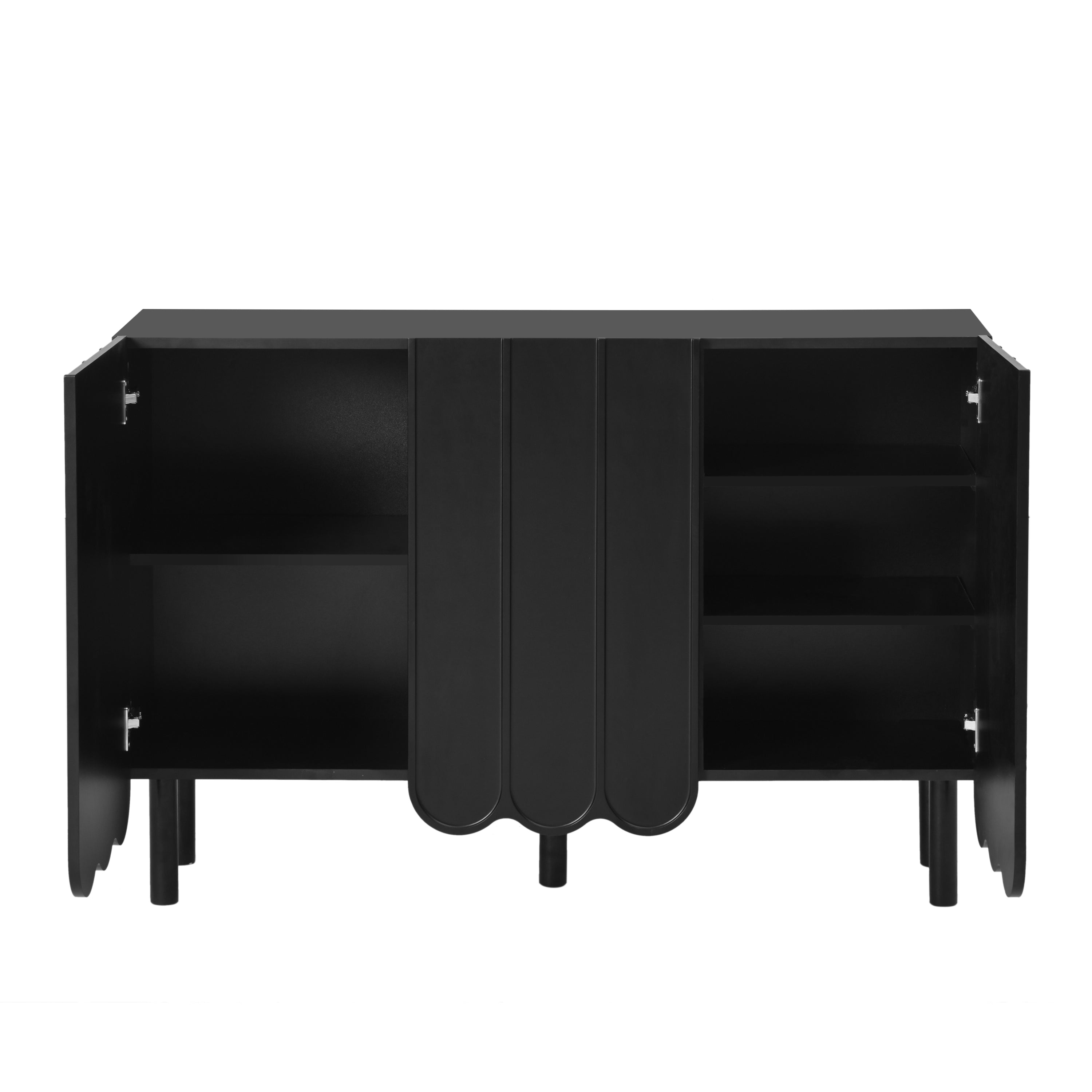 ON-TREND Cream Style Minimalist Shoe Cabinet with 5 Solid Wood Legs, Sideboard Buffet Cabinet with Adjustable Shelves, Large Storage Cabinet with Wave Doors for Living Room, Black