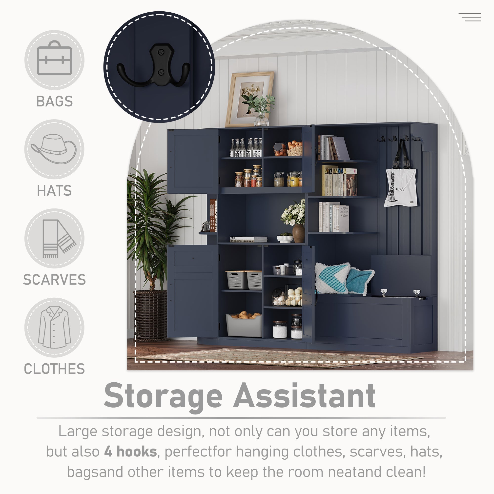 Multifunctional left-right combination hall cabinet (can be used separately) with storage and 4 hooks, storage cabinet/ hall tree 2 in 1 for living room, kitchen and hallway, antique blue
