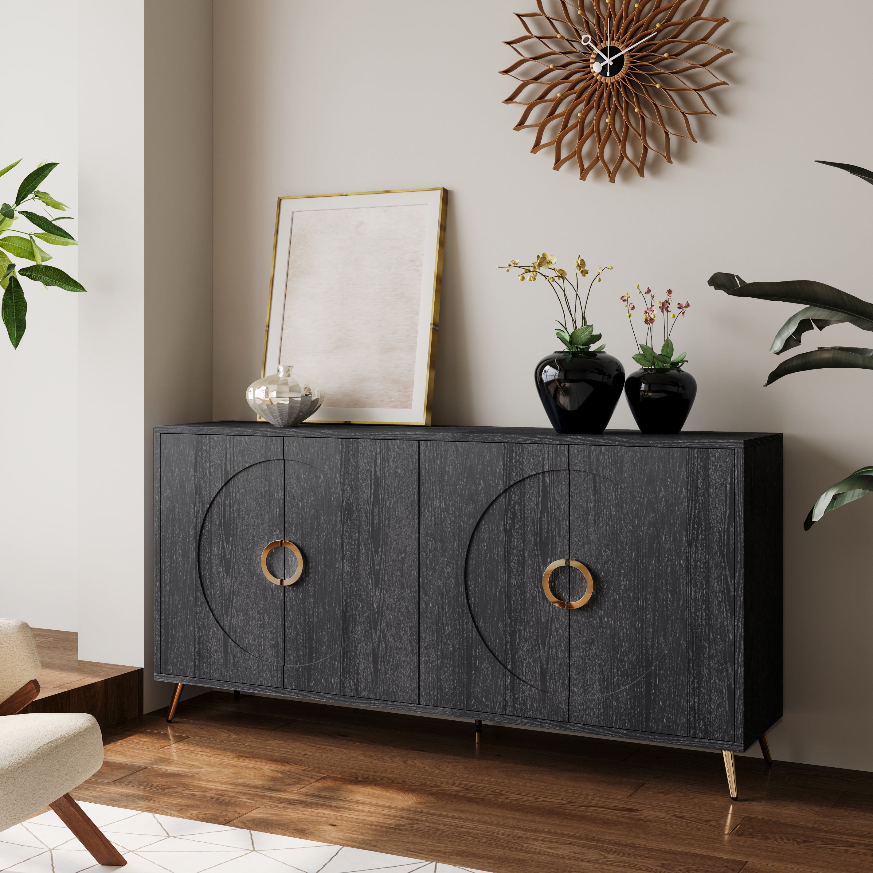 Modern Lacquered 4 Door Wooden Cabinet Sideboard Buffet Server Cabinet Storage Cabinet, for Living Room, Entryway, Hallway, Office, Kitchen and Dining Room, Distressed Black