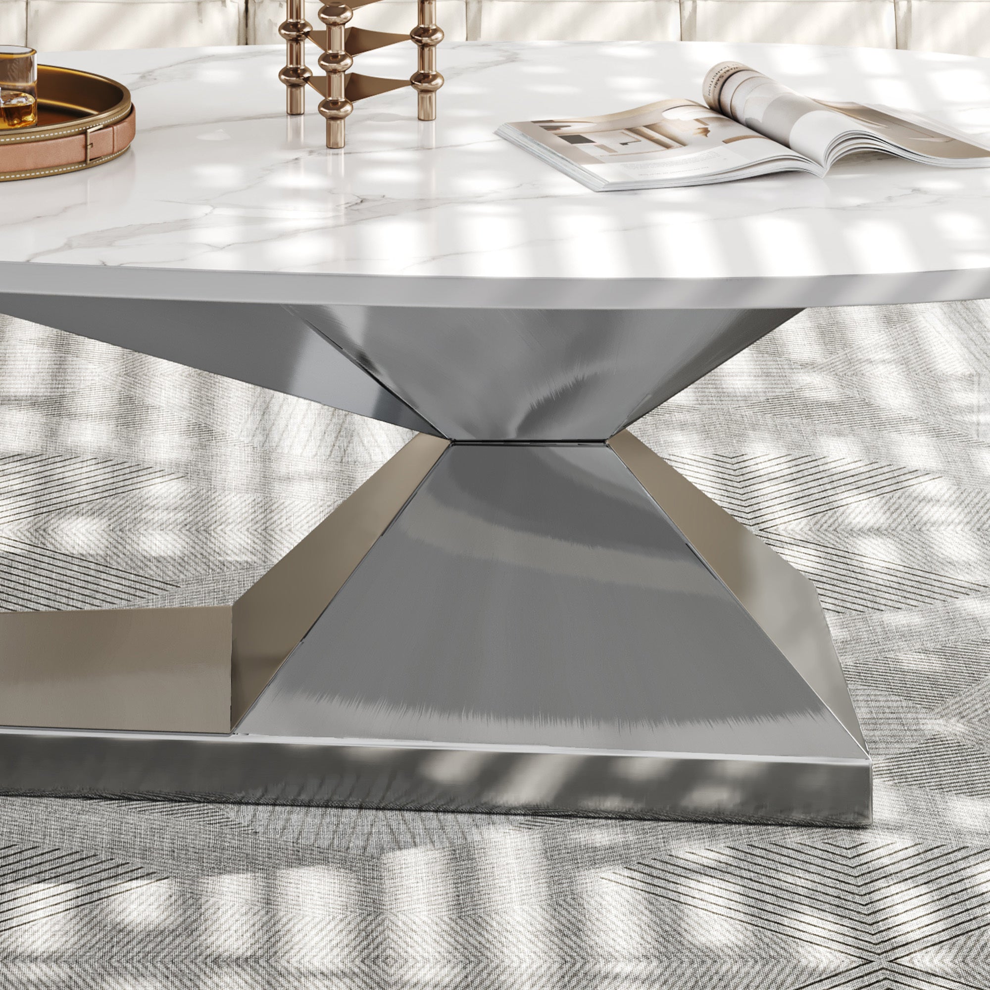 Modern Sintered Stone Tabletop Coffee Table with Stainless Steel Base - Elegant and Durable Living Room Centerpiece