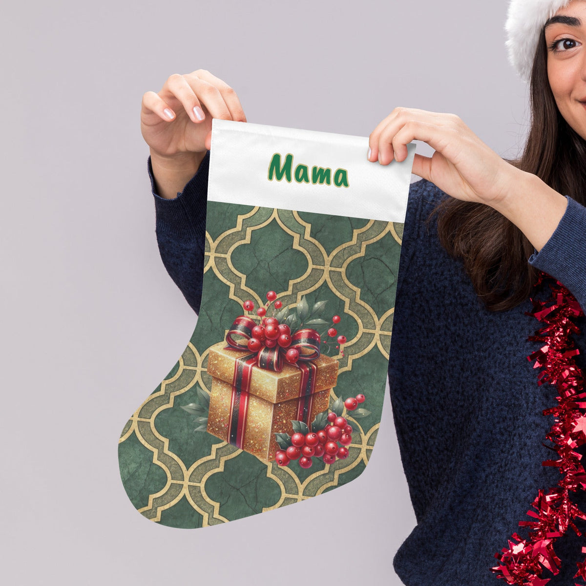 Personalizable Golden Presents on Green Christmas Stocking (Made in USA)