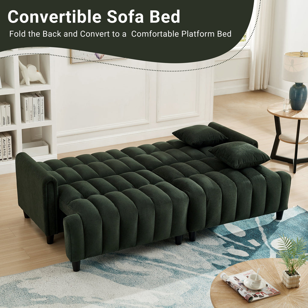 83'' Futon Sofa Bed, Polyester Fabric Comfy Futon Couch Bed with 2 Square Pillows, Convertible Sleeper Sofa with Adjustable Backrest,  Modern Loveseat Sleeper for Living Room, Dark Green